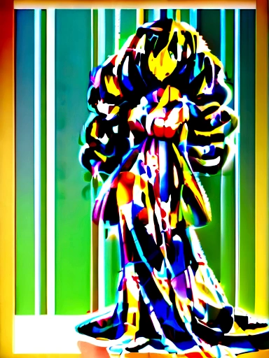 A  indian lady । big very very big  highly oiled , any unique dress,smiling,cute , long curly hair , standing, colour background wall , oiled body