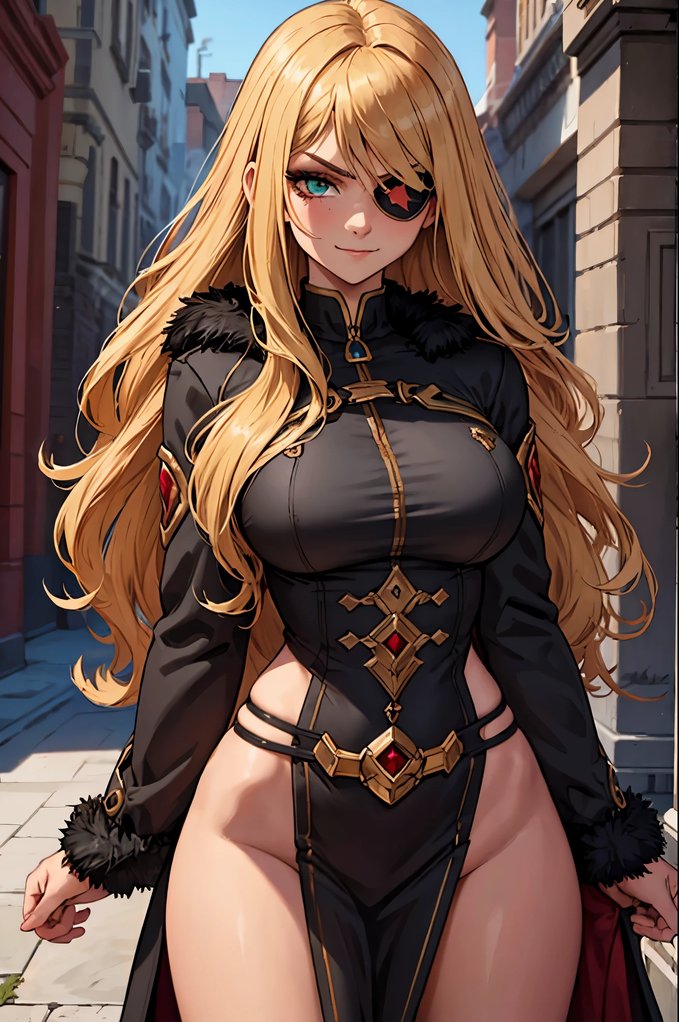 ((masterpiece)), ((best quality)), 1girl, adult, long hair, ((blonde hair)), blonde hair, ((intimidant look)), ((close-up)), green eyes, black and red clothes, sexy, dark colors, brillant eyes, ((coat with fur)), ((wavy hair)), perfect hands, ((sexy pose)), ((intimidant look)), good anatomy, ((dark sage clothes)), ((straight cut bangs)), emotionless, intimidant, ((beautiful eyes)), close up, ((detailed eyes)), beautiful eyes, ((detailed face)), hair bang, frontal look, abs, smile, magical goddess othinus, detailed face, eyepatch, full body