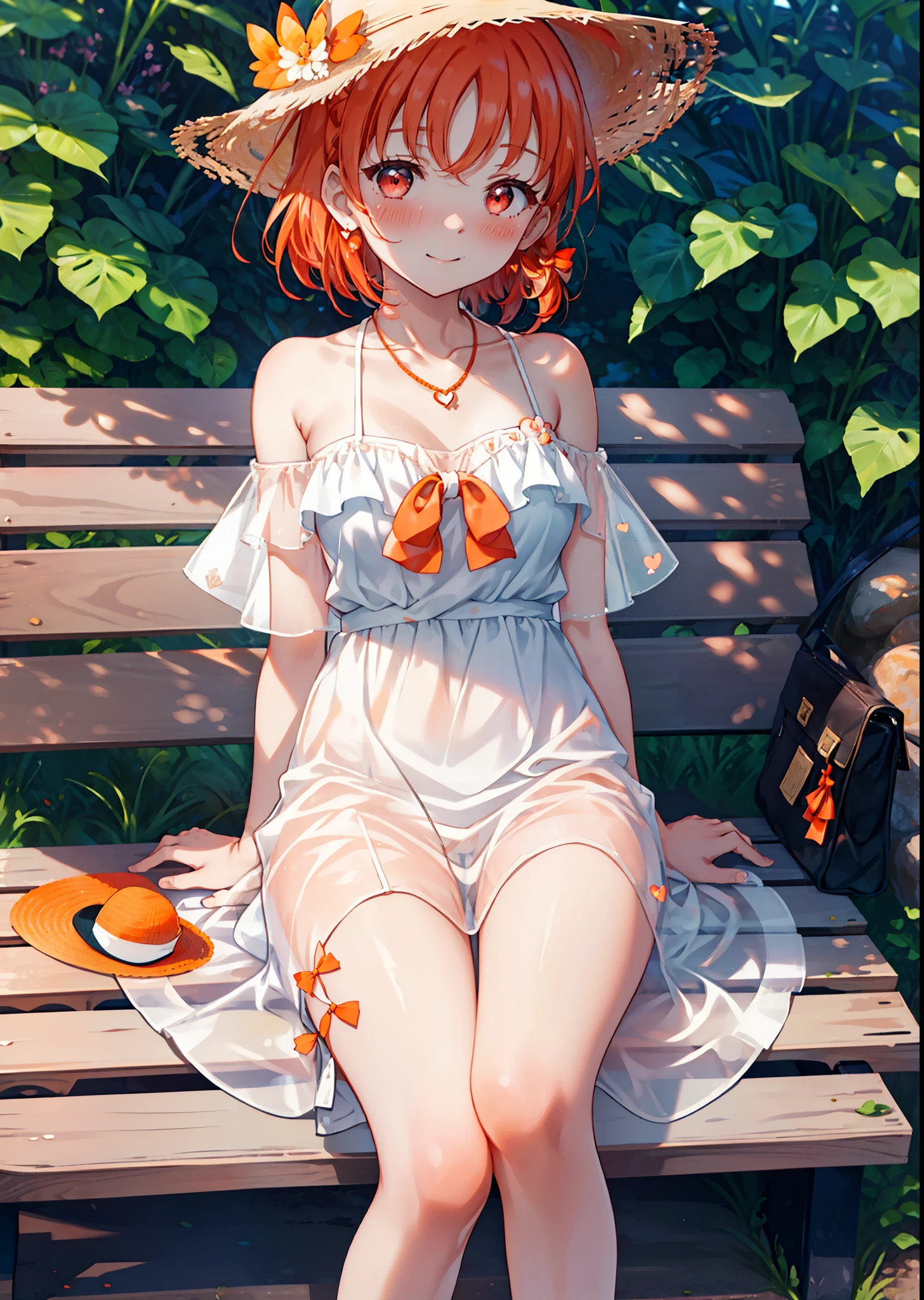 chika takami,Orange Hair,Red eyes,smile,blush,Big straw hat,Orange off-shoulder dress,Bare shoulders,bare clavicle,Bare neck,Short sleeve,Heart-shaped necklace,Long skirt,Cute heeled sandals,Sitting on a bench,,Daytime,Clear skies,whole bodyがイラストに入るように break outdoors, Building district, break looking at viewer, whole body, break (masterpiece:1.2), Highest quality, High resolution, unity 8k wallpaper, (figure:0.8), (Beautiful attention to detail:1.6), Highly detailed face, Perfect lighting, Highly detailed CG, (Perfect hands, Perfect Anatomy),