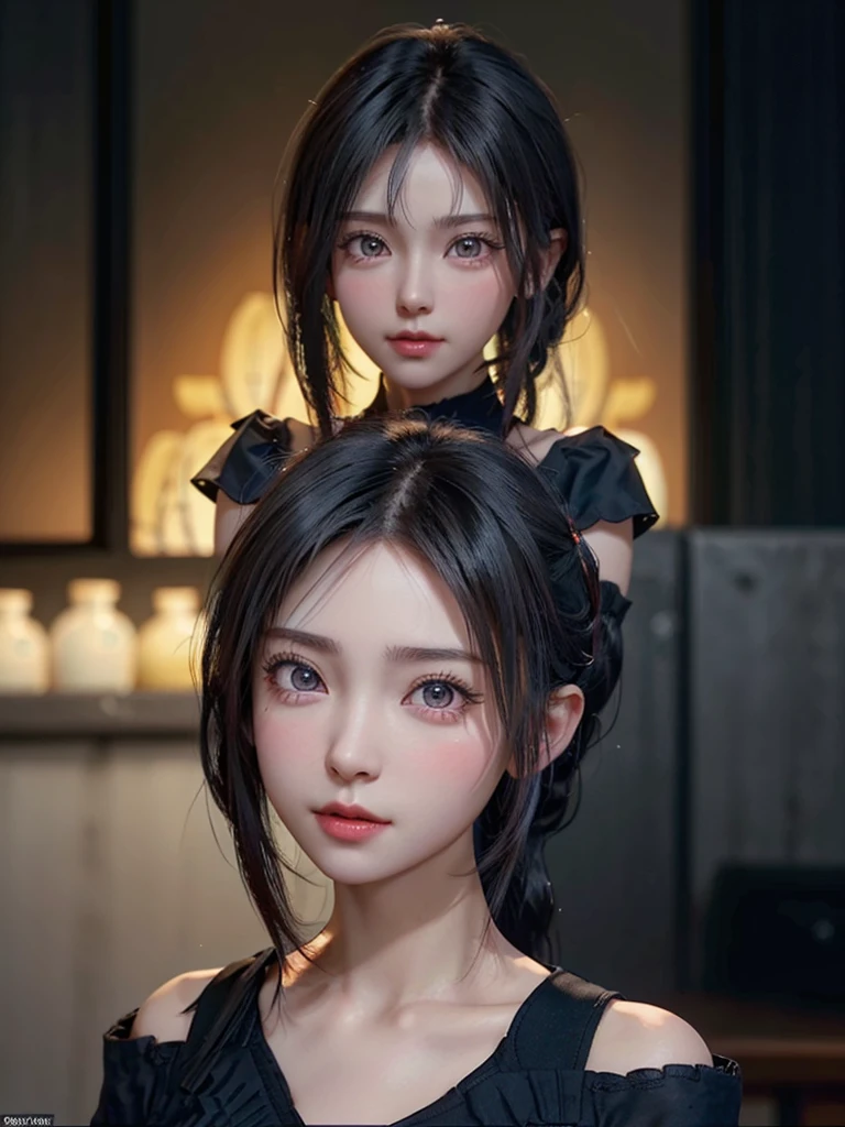One Girl,(1人のとてもcute女の子:1.3),masterpiece,Highest quality,High resolution,From below,Low - Angle,Photorealistic,RAW Photos,Ray Tracing,beautiful girl,(6 years old:1.3),cute,Big eyes,(detailed pupils:1.2),(The face is facing forward:1.3),Cute nose,Beautiful nose,Upturned nose,Fuller lips,Short black hair,ponytail,short hair,Detailed eyelashes,Thin eyebrows,Very fine grain definition,(Symmetrical eyes:1.3),(Face close-up,Face Focus:1.0),Small breasts,Short neck,Off the shoulder,People emerge,Dark Background,forest,Portrait,View Viewer,Upper Body,Cinema Lighting,High resolution,Very detailed