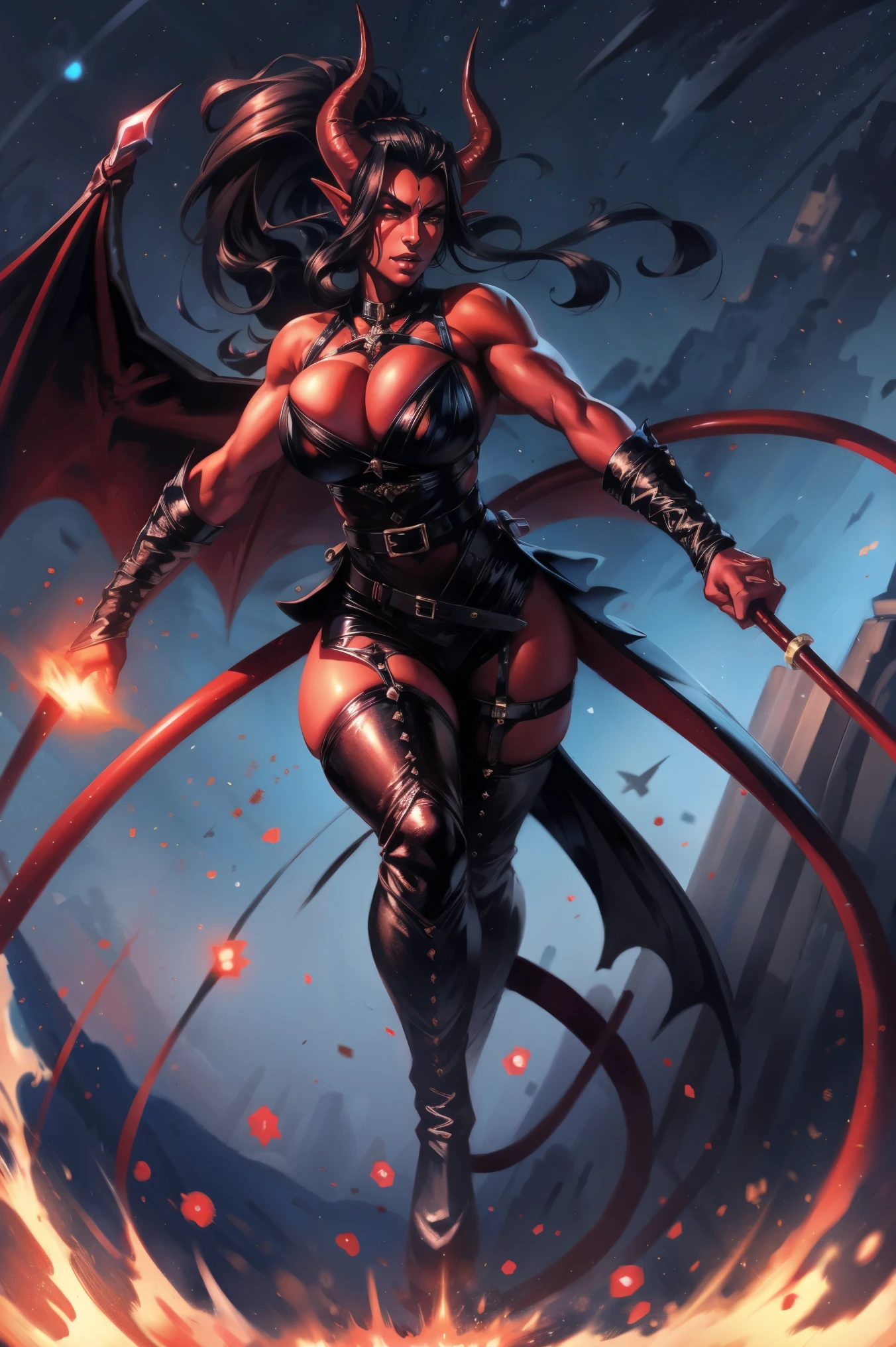Red skin succubus tiefling, medium breasts, black horns, wings, huge tail, black leather, tall, toned, graceful, thin, long black ponytail. Action scene, whip. Dark scene, explosions, night sky.