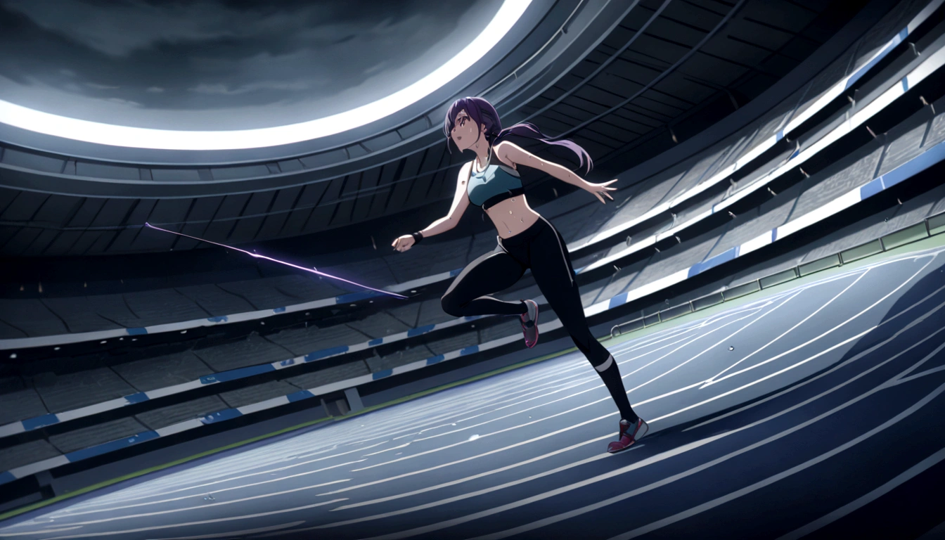 score 9, source anime, wide shot, a Female athlete throwing a javelin in the stadium, dynamic angle, perfect face, playful expression, low ponytail, sweat, outdoor, overcast sky, dramatic lighting, moody colors, cinematic, best quality, 8k, masterpiece, ultra-detailed,