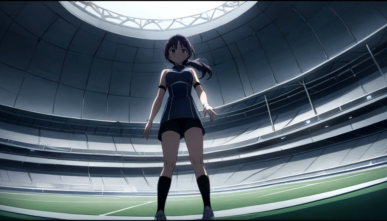 score 9, source anime, wide shot, a Female athlete throwing a javelin in the stadium, dynamic angle, perfect face, playful expression, low ponytail, sweat, outdoor, overcast sky, dramatic lighting, moody colors, cinematic, best quality, 8k, masterpiece, ultra-detailed,