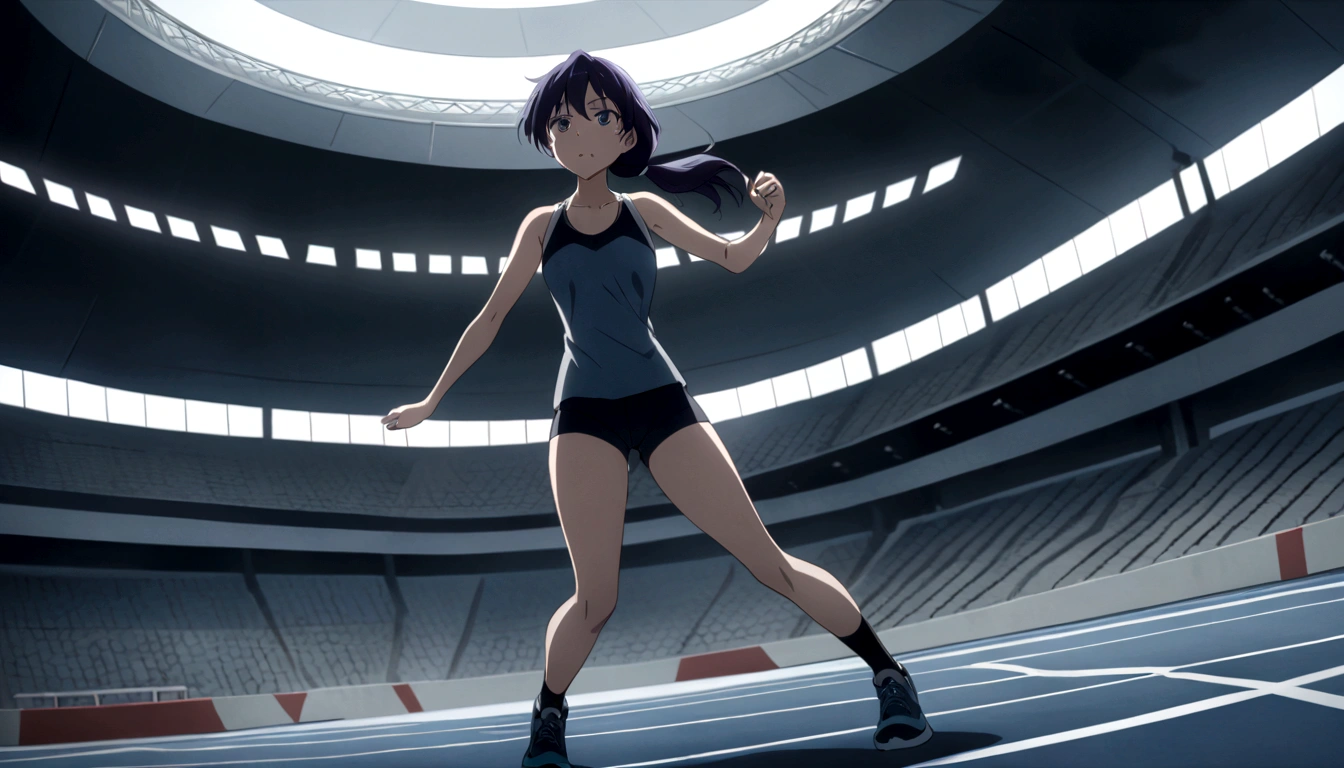 score 9, source anime, wide shot, a Female athlete throwing a javelin in the stadium, dynamic angle, perfect face, playful expression, low ponytail, sweat, outdoor, overcast sky, dramatic lighting, moody colors, cinematic, best quality, 8k, masterpiece, ultra-detailed,