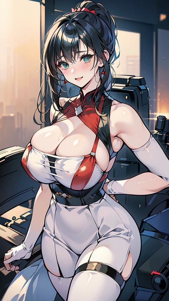 18-year-old girl，Baby Face，Crimson short-haired，ponytail hairstyle，Smile，Huge breasts，cleavage，Sheer red sleeveless top，中間留空露出cleavage，Soaked all over，Blushing，green eyes，Female spy，red miniskirt，White gloves，White hand sleeves，White boots，Science fiction，Future，Inside the mecha combat robot warehouse，robot driver，Pistol hanging on waist，No bangs，Wearing earrings only on one side