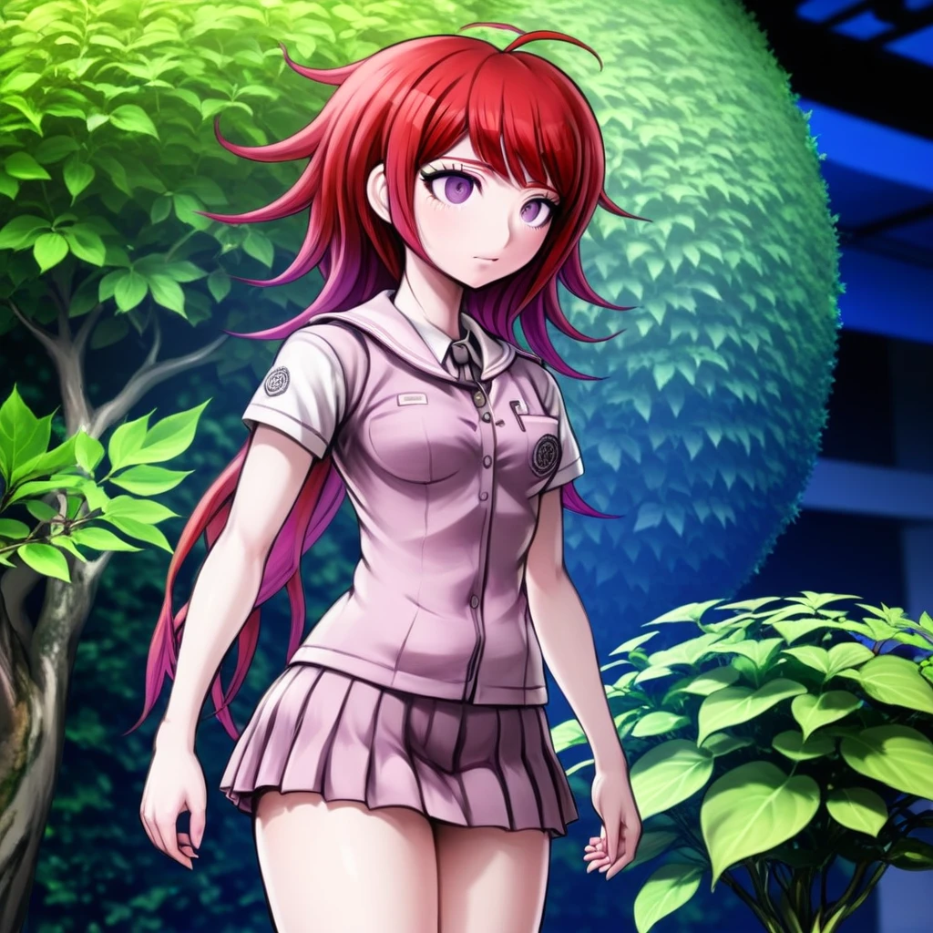 Woman, Violet, creative design, red hair, danganronpa style, thick lines, full-body portrait, detailed face, shrub, anatomically correct