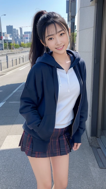 (masterpiece:1.3), (8K, Photorealistic, RAW Photos, Best image quality: 1.4),20 year old cute Japan woman、(Long Hair)、(ponytail)、(Perfect body)、(Perfect proportions)、Super detailed face、double eyelid、Sharp focus:1.2、Jet Black Hair、Straight Hair、Highest quality、masterpiece、Ultra-high resolution、(Photorealistic:1.4)、(hoodie)、(Flared mini skirt)、whole body, Long legs、Highly detailed face, Beautiful Eyes, double eyelid、Are standing、sunny、Bend over and peer at me、smile、Tokyo cityscape、Outdoor、blue sky、Tilt the body to the side