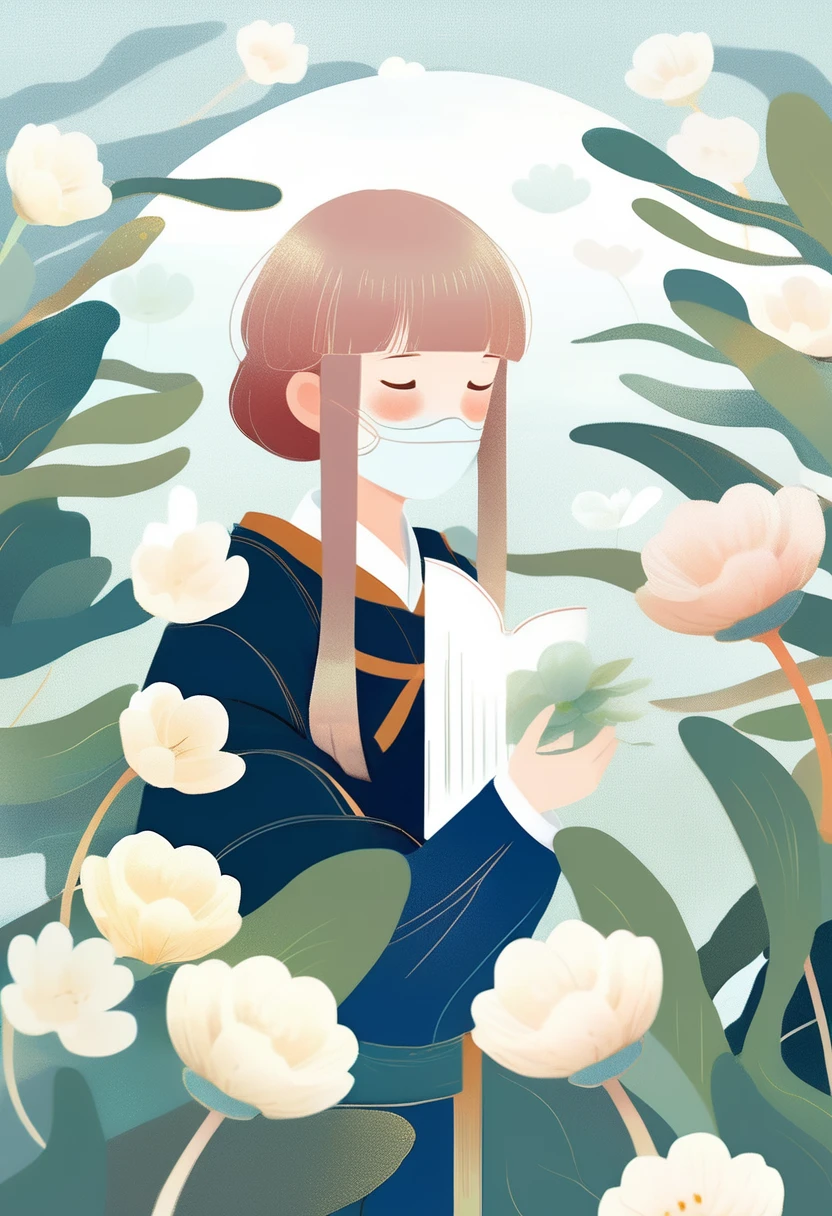 (mist:1.5),Soft space,Soft tones,dream,Hazy and mysterious,大量mist和白色小花覆盖,Soft tones,Light style,Comfortable and calm,nature,Warm and cosy,Modern illustration elements。Tranquility、Pure atmosphere,blond woman with white flowers covering her face and eyes, inspired by Hsiao-Ron Cheng, inspired by Yanjun Cheng, by Ayami Kojima, by Hsiao-Ron Cheng, by Yanjun Cheng, Guweiz, artwork in the style of Guweiz, by Eizan It's a gift, cake, james jean and wlop