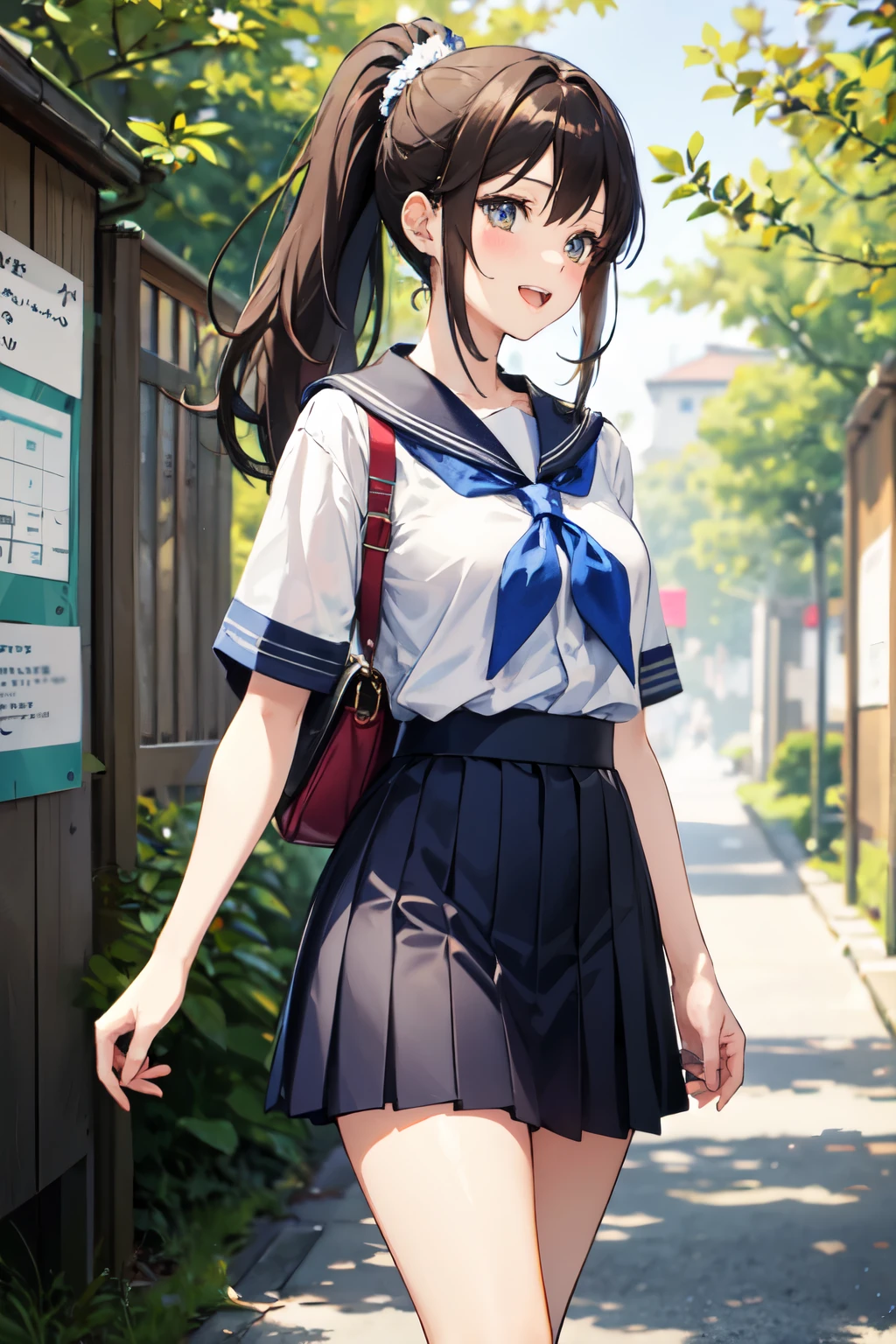 "Create an anime-style illustration featuring a cheerful girl with long, flowing brown hair styled in a ponytail. She should be walking home from school, wearing a typical Japanese summer high , which includes a white short-sleeved blouse with a blue sailor collar, a red neckerchief, and a blue pleated skirt. The background should depict a sunny school environment with other students in the distance, trees, and school buildings. The overall atmosphere should be vibrant and lively, capturing the essence of a sunny, cheerful day after school."