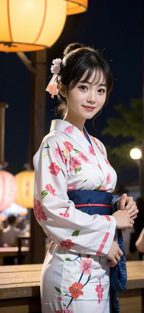 A woman wearing a yukata enjoying a summer festival in the evening。