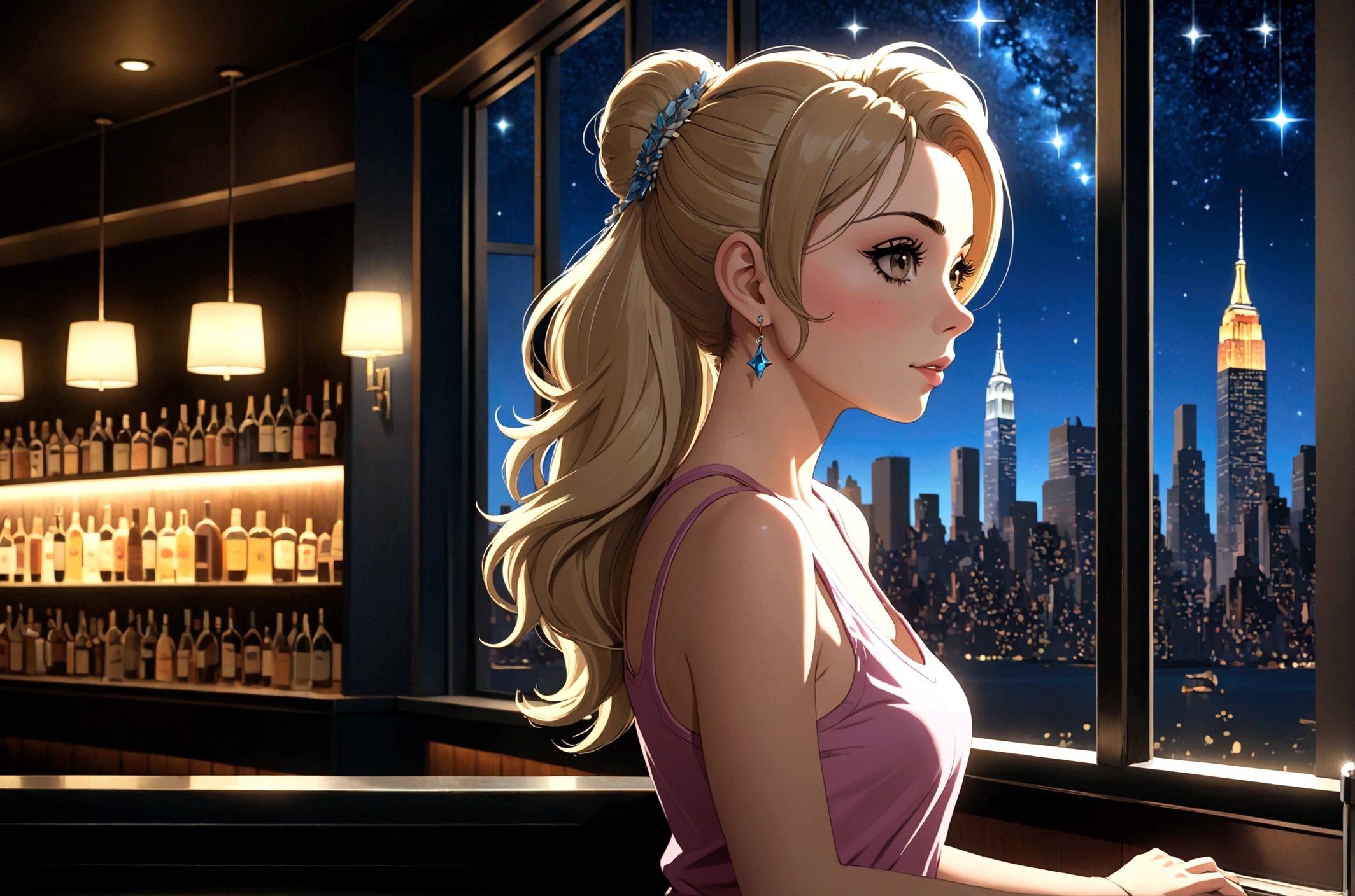 Uses Makoto Shinkai'The depiction is perfect,Portrait of Cher Lloyd,8k 4k masterpiece photo ,new york,Glass ceiling jazz bar,I can see the twinkling stars through the glass window.,that'Outside in the dark night,Jazz is playing,Profile close-up,Beautiful profile,Semi-long hair,Blonde,Look in a different direction,Standing alone at the counter,A tight fitting pink tank top,Large bust