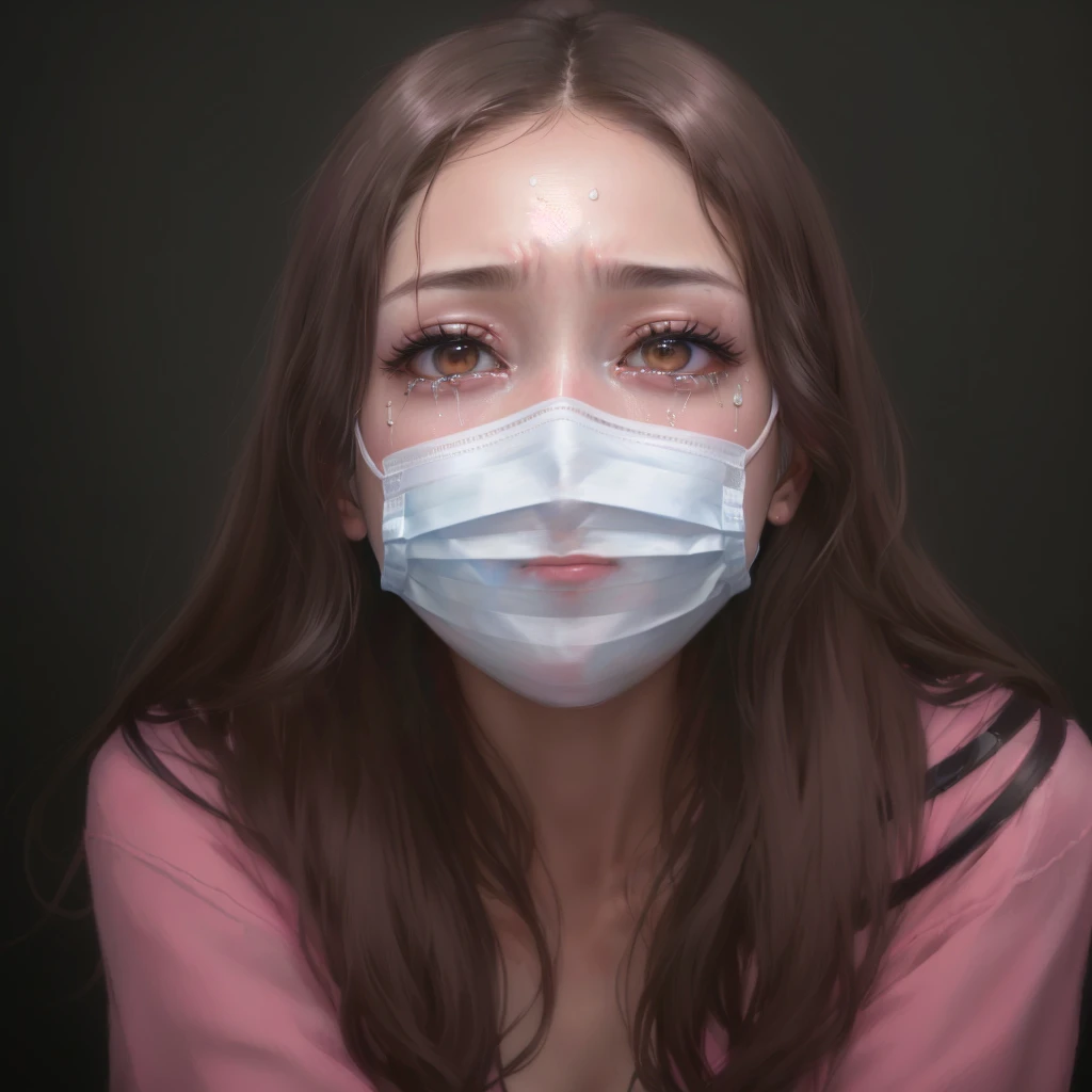 arafed woman wearing a face mask and looking at the camera, wearing transparent glass mask, inspired by Ayami Kojima, portrait of a crying ai artist, surgical mask covering mouth, crying cyborg woman, hyper realistic anime, inspired by Gottfried Helnwein, medical mask, hyper realism scary, kawaii realistic portrait, hyper-realistic cyberpunk style, hyperrealism artstyle