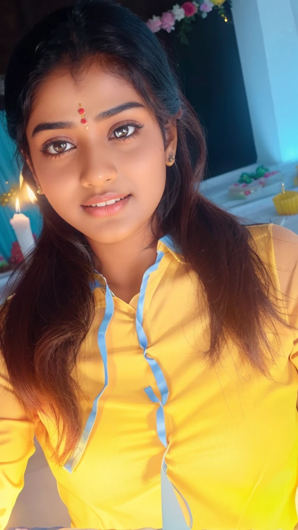 Create a 3d image in which a Indian teenager girl cutting Cake wearing yellow color top with Name "Krishna" is written clearly on the Cake and 17 year candle burning on the cake, image features with birthday decorated view realistic image