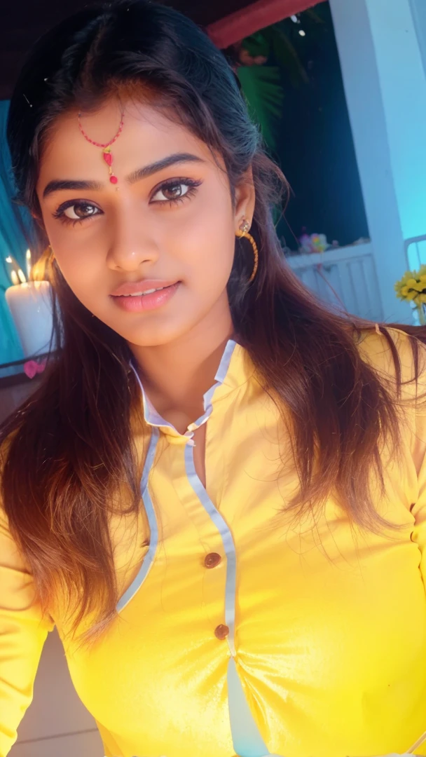 Create a 3d image in which a Indian teenager girl cutting Cake wearing yellow color top with Name "Krishna" is written clearly on the Cake and 17 year candle burning on the cake, image features with birthday decorated view realistic image