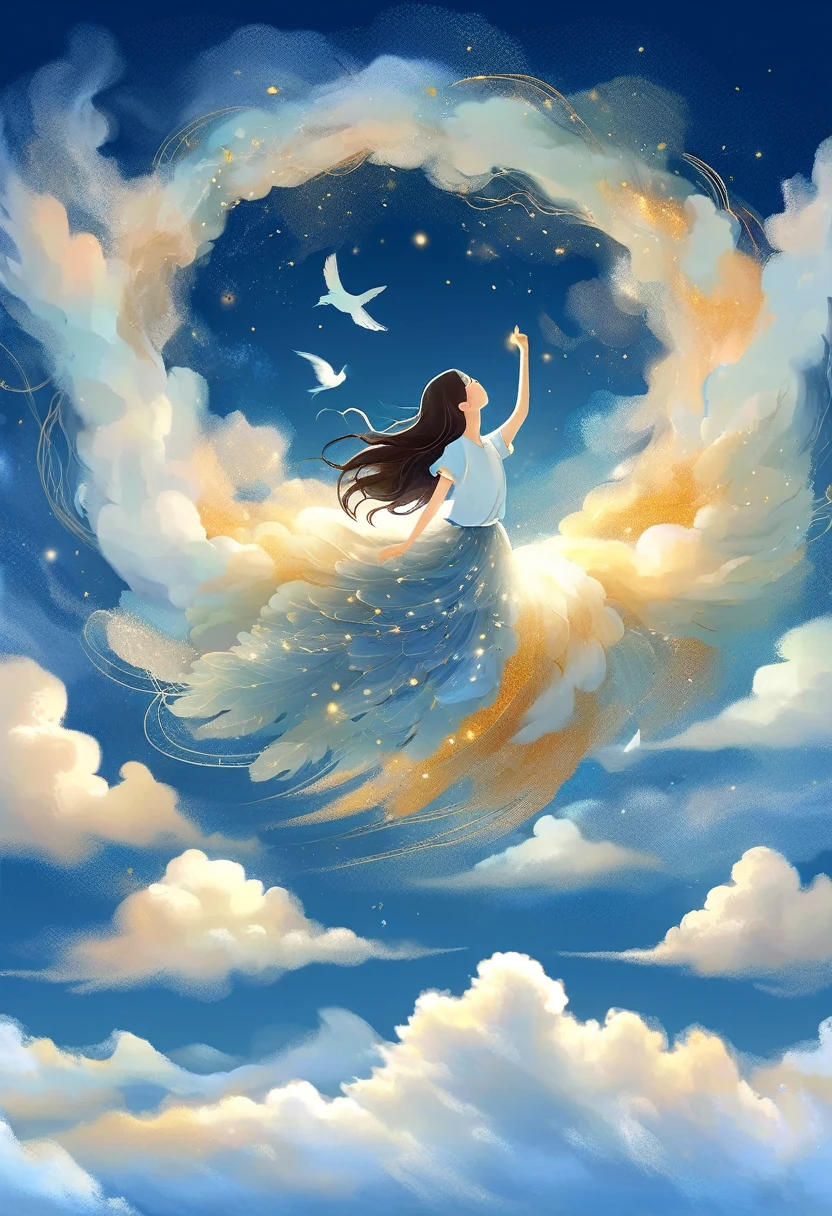 彩虹做的Nest里有一个仙女,Above the clouds,Nest,Soft tones,Light style,Comfortable and calm,nature,Warm and cosy,garden,A masterpiece of ultra-fine detail, Dynamic, high quality,Floating extra large ethereal dream DonMW15pXL