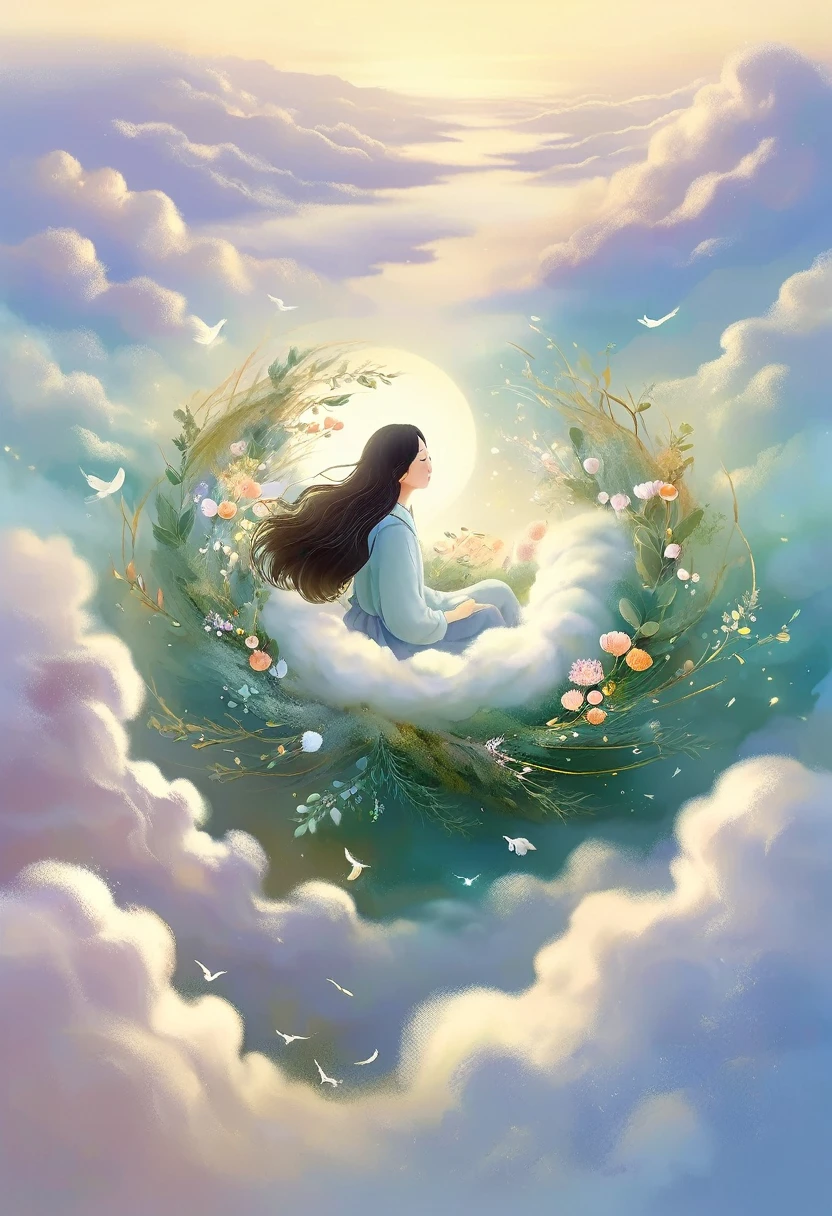 彩虹做的Nest里有一个仙女，Above the clouds，Nest，Soft tones，Light style，Comfortable and calm，nature，Warm and cosy，garden，A masterpiece of ultra-fine detail, Dynamic, high quality,Floating extra large ethereal dream DonMW15pXL