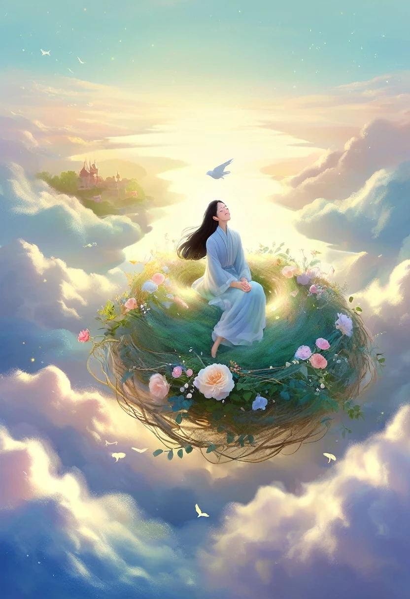 彩虹做的Nest里有一个仙女,Above the clouds,Nest,Soft tones,Light style,Comfortable and calm,nature,Warm and cosy,garden,A masterpiece of ultra-fine detail, Dynamic, high quality,Floating extra large ethereal dream DonMW15pXL