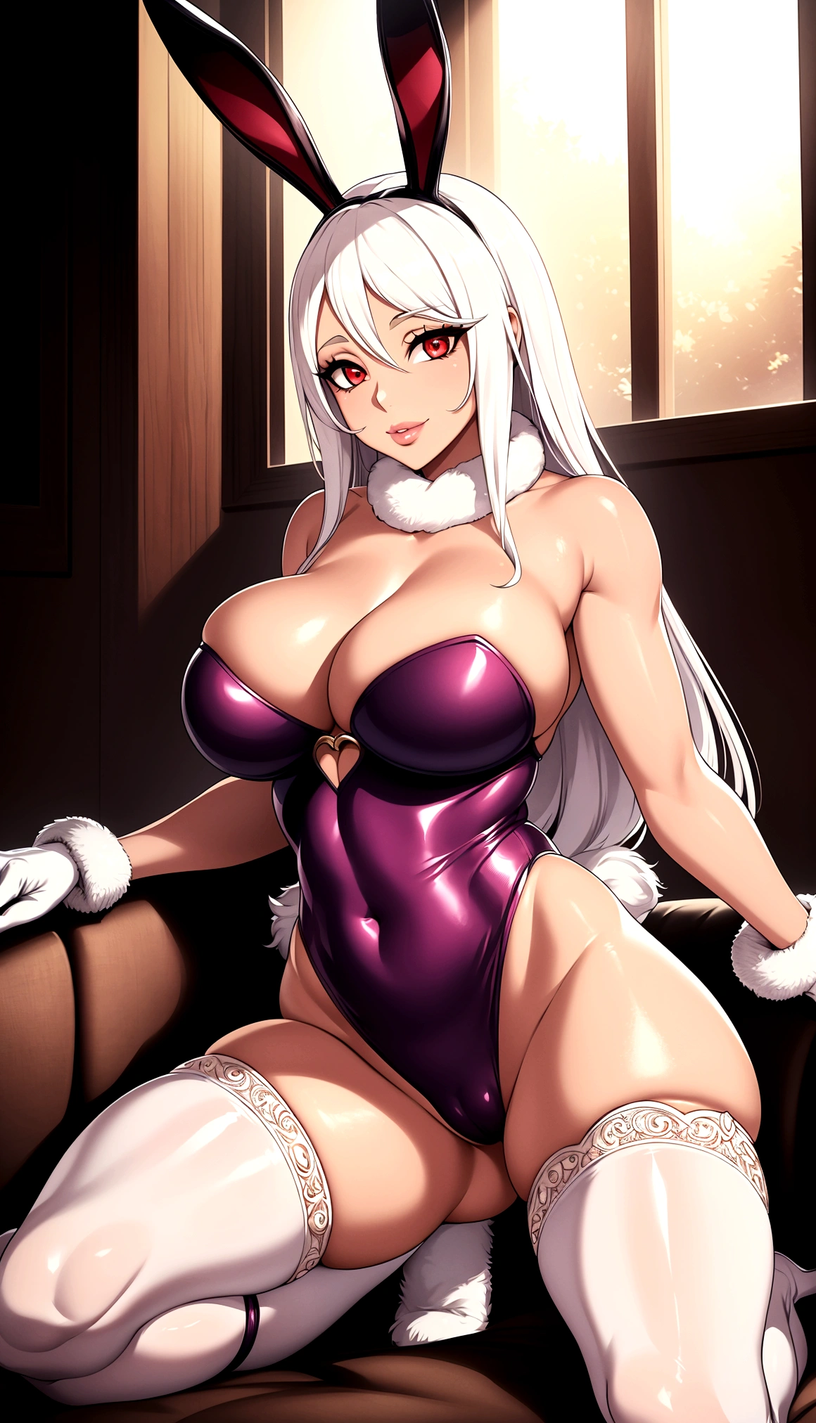 ((high aesthetic)), art by kipteitei, absurdres, absurd resolution, highly rated, highres, art by kipteitei, high resolution, best quality, masterpiece, full body, (facing viewer), 1girl, ((solo)), indoors, clothed, perfect face, perfect eyes, neneneji, tight outfit, smile, natural skin texture, 4k textures, hdr, intricate, highly detailed, puffy lips, thick lips, hyperdetailed, mature female, Mirko, red eyes, eyelashes, white hair, long hair, bunny ears, tan skin, Leotard, fur collar, gloves, thighhighs, skinny