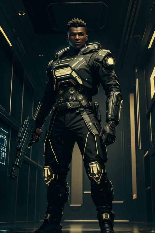 luxtech, cyberpunk, military combat gear, ethnically black, black skin, holding a luxtech gun