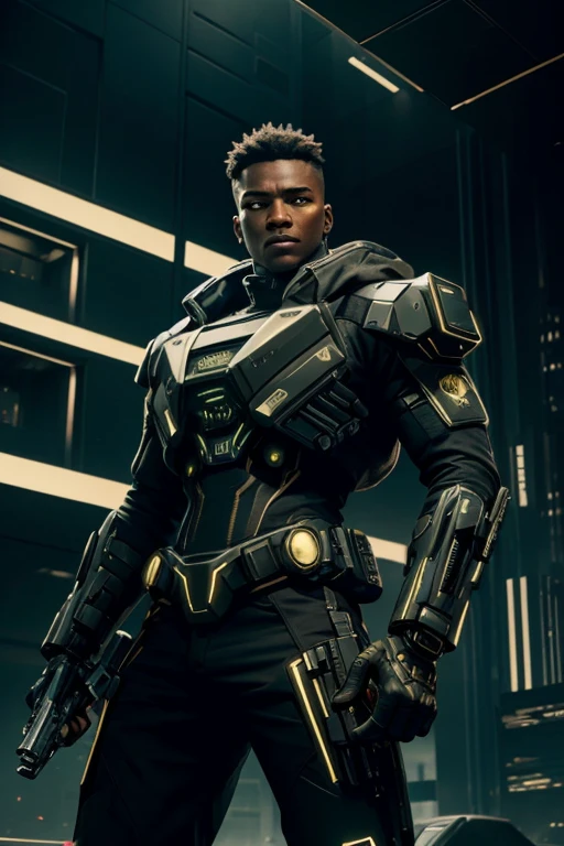 luxtech, cyberpunk, military combat gear, ethnically black, black skin, holding a luxtech gun