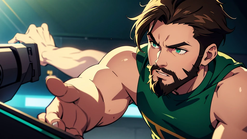 1 young man, 24 years old, sparse beard, teenage look, cute appearance, slim body, no muscles, green eyes, light brown hair, blue streak on left side of hair, emo hairstyle, fighting using joysticks, highly detailed, photorealistic, 8k, hyper realistic, sharp focus, professional, vivid colors, studio lighting, cinematic lighting, dramatic lighting, depth of field, concept art style