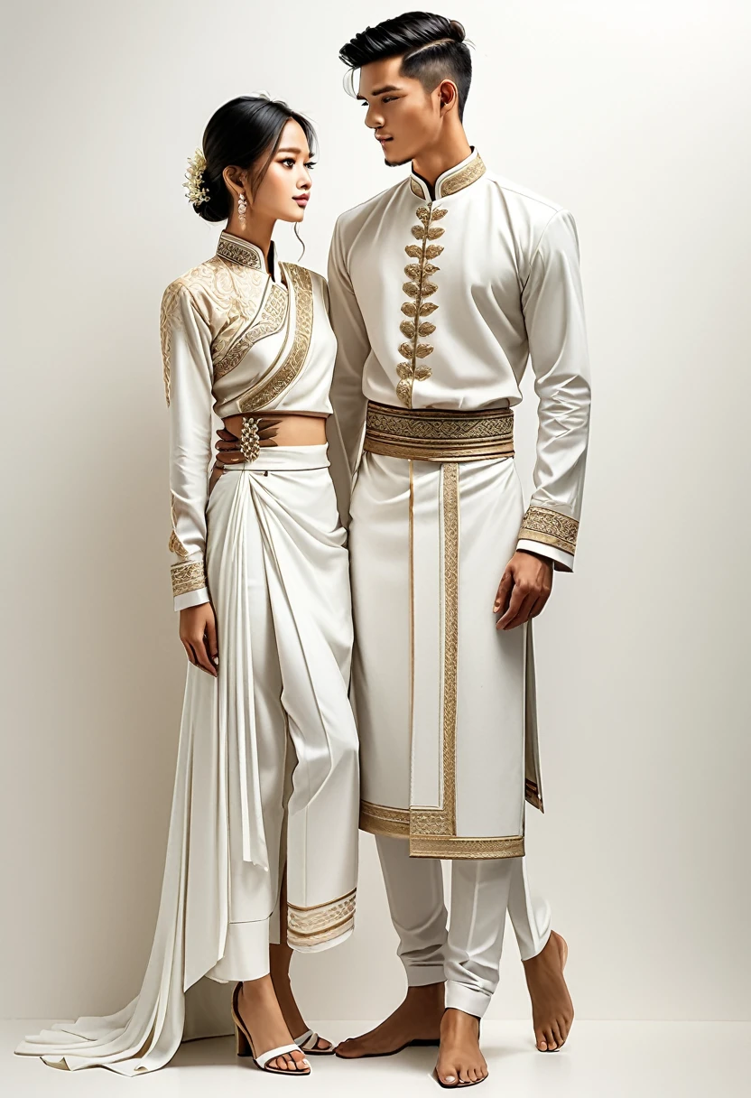 candid fashion illustration of two young man and women, 18 year old, adorned in a meticulously crafted North Thai traditional outfit, ((showcase fashion in a Northern Thai style, cotton handwoven in white color)), simple elegant and luxury style, The man wears a simple long-sleeved white mandarin collar shirt, paired with white Tailor pants, and shoes, The woman complements him with white tubular skirt or Sarong with simple patterns, ankle-length, fitted intricately decorated blouse that complements the skirt. Captured in a low angle, ((full-body image)), stands gracefully against the white backdrop. Their attire simple with intricate embroidery and white accents, each element carefully chosen to reflect the rich Lanna cultural heritage, ((white studio background)), realistic color pencil lines, perfect drawing, charcoal lines, fading sketch, quick Sketch, soft light, fashion illustration, fashion sketching