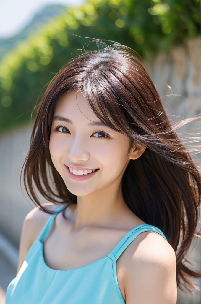 Image resolution 8K、masterpiece:1.3)、Beauty、1 female、(魅力的なBody Type:1.2)、abdomen:1.1、Dark brown hairstyle:1.1、(Body Type:1.2)、Ultra-detailed face、Attractive lips、Wearing a blue one-piece dress with double eyelids、Super realistic and super cute in every detail、Japanese、Japanese女性、20th generation(28 years old)、Smile with a beautiful smile、Hair blowing in the wind、color々Hair style、