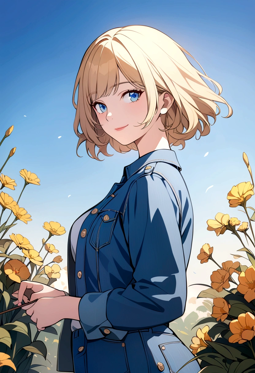 slender, mature female, solo, blonde_hair, closed_mouth, holding, 1girl, blue_eyes, blue_shirt, bangs, lips, short_hair, long_sleeves, shirt, flower, looking_at_viewer, uniform, looking_away, smile, light_smile, denim_jacket, buttons, from_side, fine_art_parody,