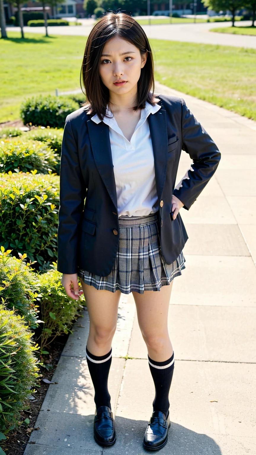 (8K、RAW Photos、Highest quality、masterpiece:1.2)、(Realistic、Realistic)、1 Girl、((Black Check Mini Skirt、High School Uniform、blazer、Navy Socks、loafers、Medium Hair、garden、View from the front、Looking into the camera、Stand with hands on hips))、cute