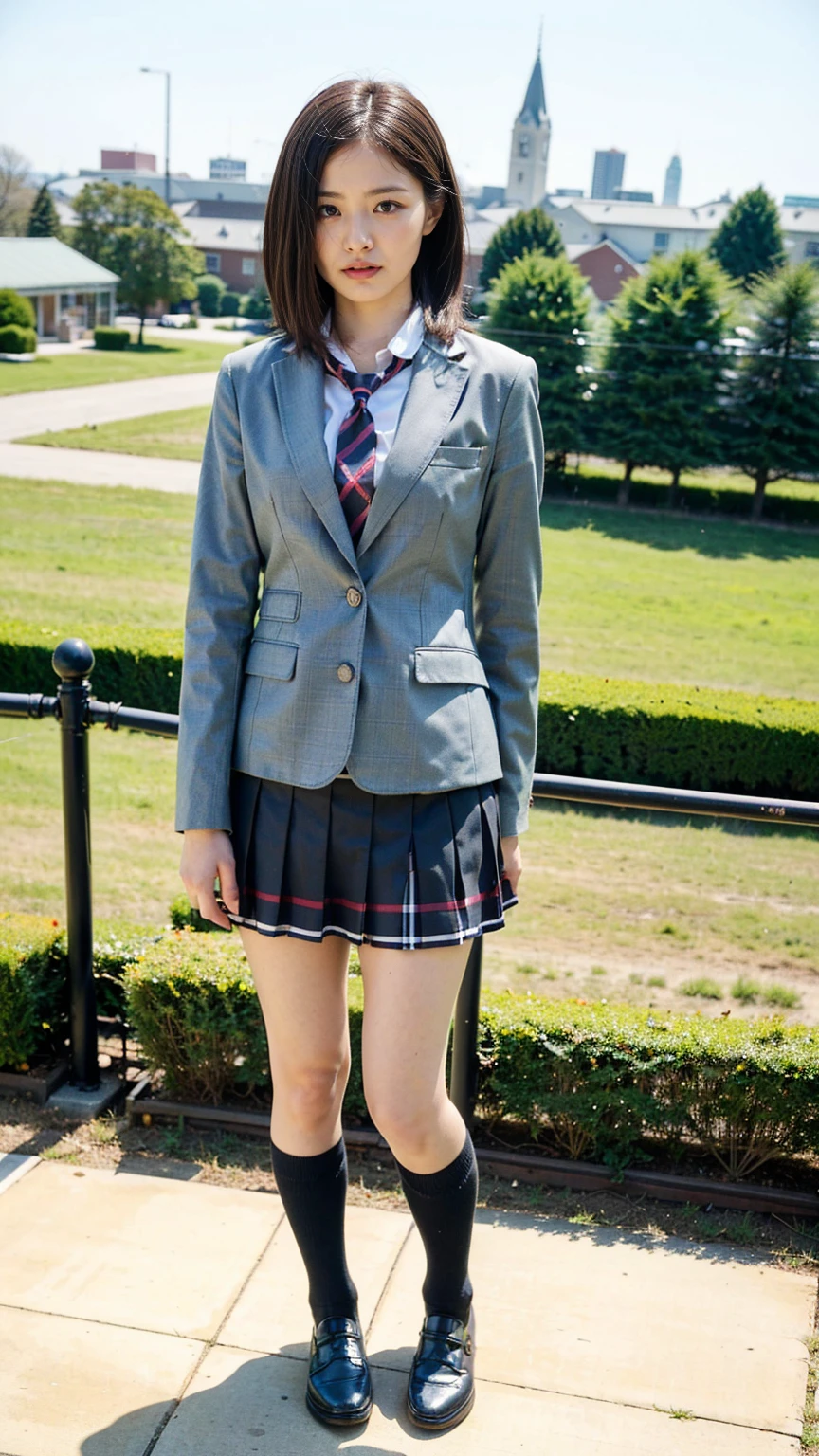 (8K、RAW Photos、Highest quality、masterpiece:1.2)、(Realistic、Realistic)、1 Girl、((Black Check Mini Skirt、High School Uniform、blazer、Navy Socks、loafers、Medium Hair、garden、View from the front、Looking into the camera、Stand with hands on hips))、cute