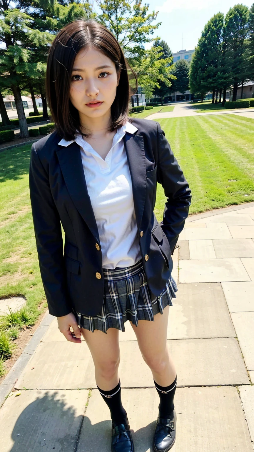 (8K、RAW Photos、Highest quality、masterpiece:1.2)、(Realistic、Realistic)、1 Girl、((Black Check Mini Skirt、High School Uniform、blazer、Navy Socks、loafers、Medium Hair、garden、View from the front、Looking into the camera、Stand with hands on hips))、cute