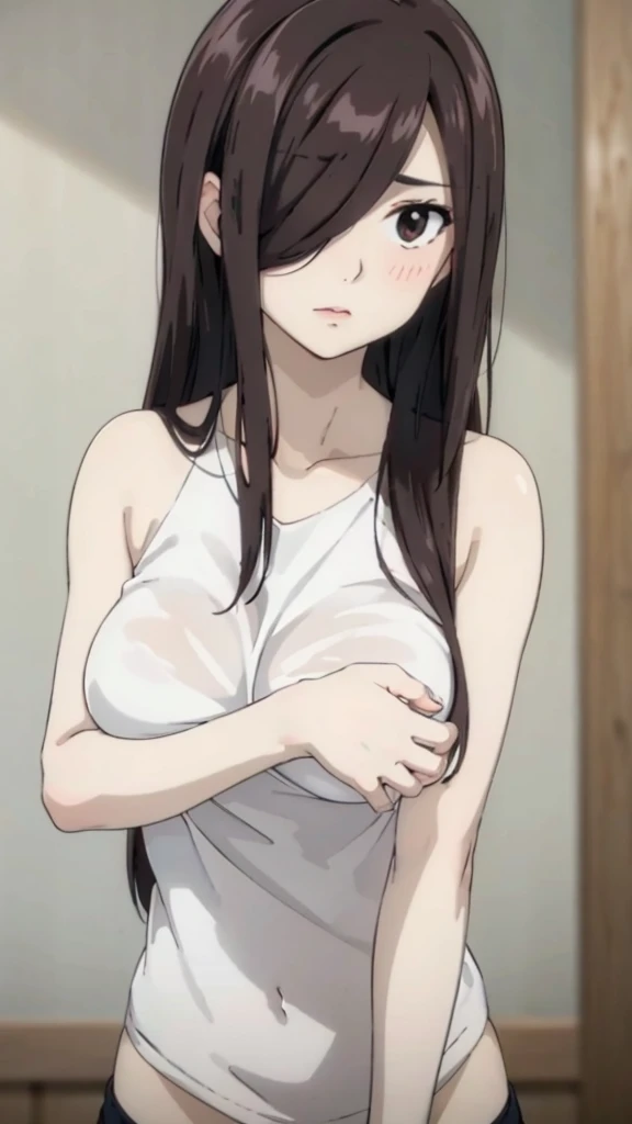 Cute , mature women,realistic skin, tanktop see through nipple,realistic breast, saggy breast, nipple out,muted colours, cold lighting, pale white skin, mature women,black hair, long hair, (hair over one eye:1.4), Messy hair,straight hair,hair between eyes ,sleepy eyes ,beautiful,pucker lips,charm,pubic hair pussy,dense pubic hair, cute shy blush on 