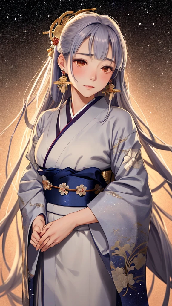 4K highest image, highest quality romantic illustration in Japanese anime art style depicting Tanabata night. A handsome young man in his early 20s, representing Hikoboshi, with long silver hair and tribal tattoos, wearing a properly fitted traditional kimono. A beautiful young woman in her early 20s, representing Orihime, with a well-defined nose and clear features, wearing makeup, pretty hairpins, and earrings. She also wears a traditional kimono. They are facing each other, gazing into each other's eyes, and embracing. The background features the beautiful Milky Way with stars twinkling mysteriously, creating a fantastical summer night atmosphere. The overall scene is beautiful, stylish, romantic, and mystical.