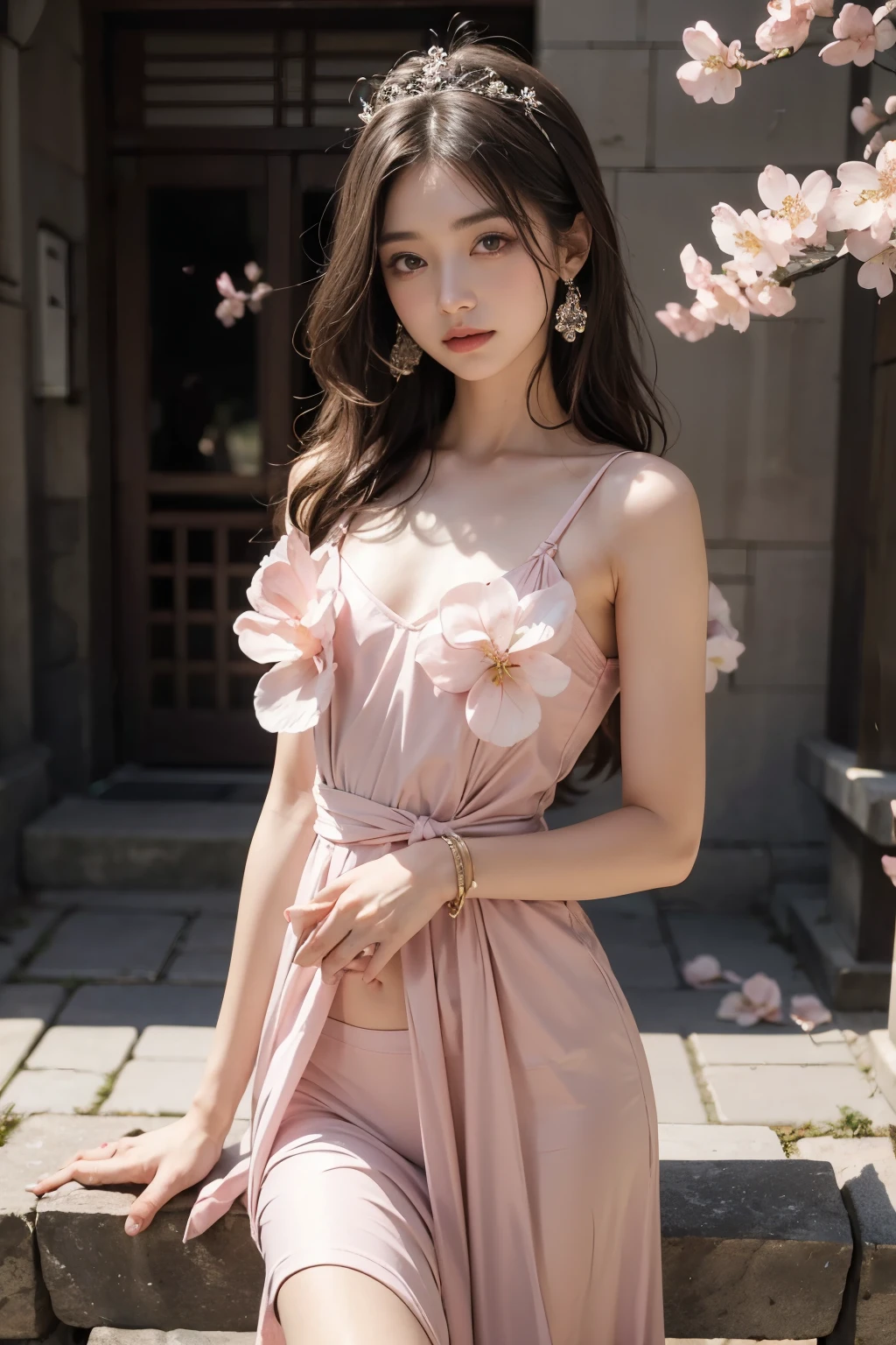 32k, ultra HD, Masterpiece, 1 girl, (good face:1.4), detailed eyes, very long hair, princess dress, (pale pink dress:1.5), (wearing jwellery:1.5), (cherry blossom:1.5), (bloom effect:1.5), Detailed Fantasy Art, Stunning Character Art, beautiful Exquisite Character Art, Beautiful, Extremely Detailed, Exquisite Intricate Headdress and Jewellery, perfect body,Small breasts,Flat Bust,The belly button and the surrounding area are exposed,Pale pink underwear,Thin string underwear,Thin cotton underwear,Korean beautiful girl dancer,Are thin,Small Ass,余りにもSmall breasts過ぎてブラジャーと肌の間がガラ空きなのである,