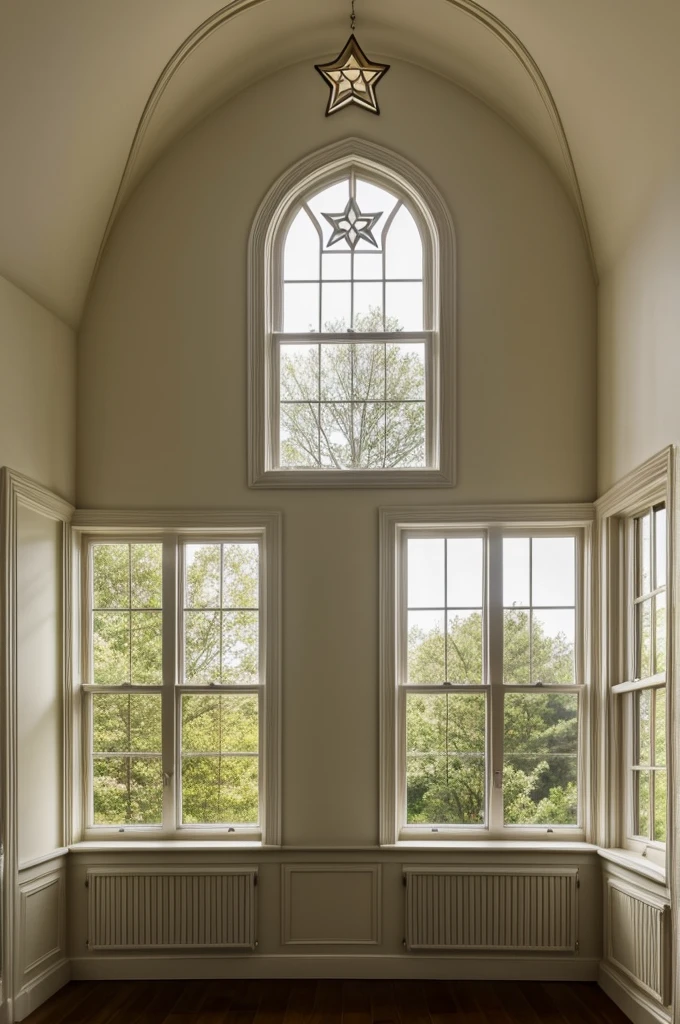 Victorian style room with a large window in the background and in the middle of the window a glowing four-pointed star