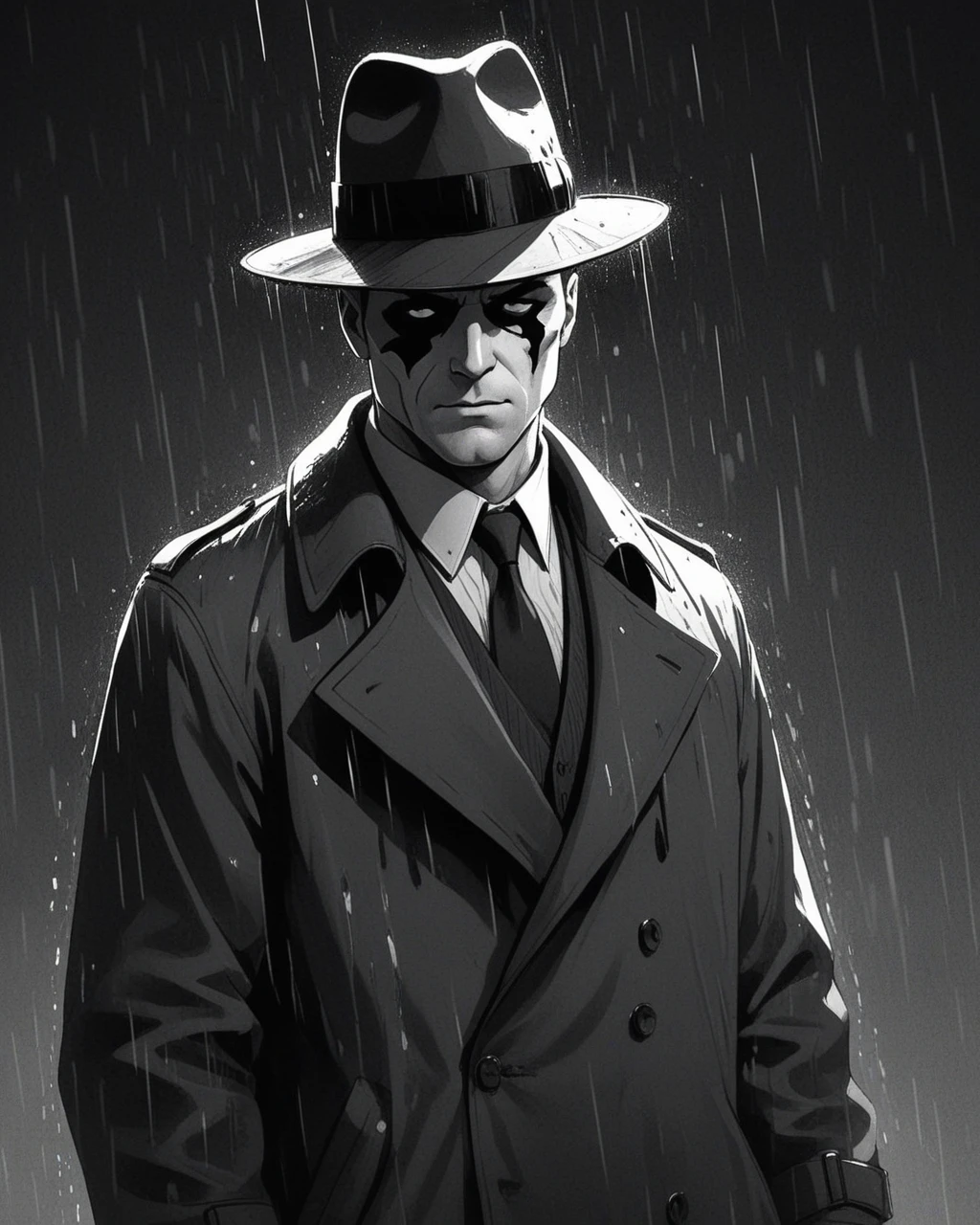 (Film noir style:1.4), intimidating portrait of Rorschach from watchmen, question mark mask, cyber-implants, neo-noir cyberpunk, dark, gritty, hard rain, rain splashes, heavy rain, wet clothes, dripping face, cyberpunk 2077 poster art by Brian Oldham and Conor Harrington, action pose, highly detailed, UHD, (Monochrome:1.2), high contrast, dramatic shadows, 1940s style, mysterious, cinematic