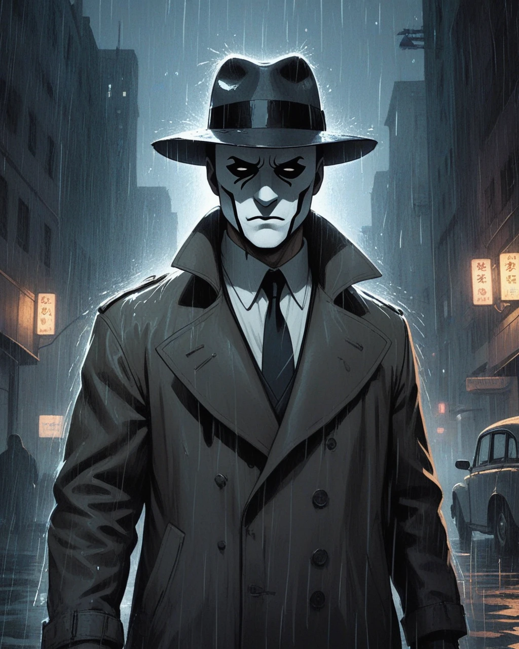 (Film noir style:1.4), intimidating portrait of Rorschach from watchmen, question mark mask, cyber-implants, neo-noir cyberpunk, dark, gritty, hard rain, rain splashes, heavy rain, wet clothes, dripping face, cyberpunk 2077 poster art by Brian Oldham and Conor Harrington, action pose, highly detailed, UHD, (Monochrome:1.2), high contrast, dramatic shadows, 1940s style, mysterious, cinematic