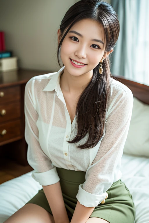 (A beautiful Japanese office lady, age 28, wearing formal White shirt with buttons & lime mini-skirt, resting at home, friendly and feminine expressions, kind smile, dimpled chins, cute snaggle-tooth, short bob hair ponytail, symmetrical face, realistic detailed face, beautiful detailed eyes, perfect body proportions, ample round bosoms, photorealistic, hyper-realism, high contrast, ultra HD, realistic skin textures, top image quality, top-quality, super high resolution, fine details, very meticulously, masterpiece, head to knees, serene ambience, High Angle Shot, bokeh background)