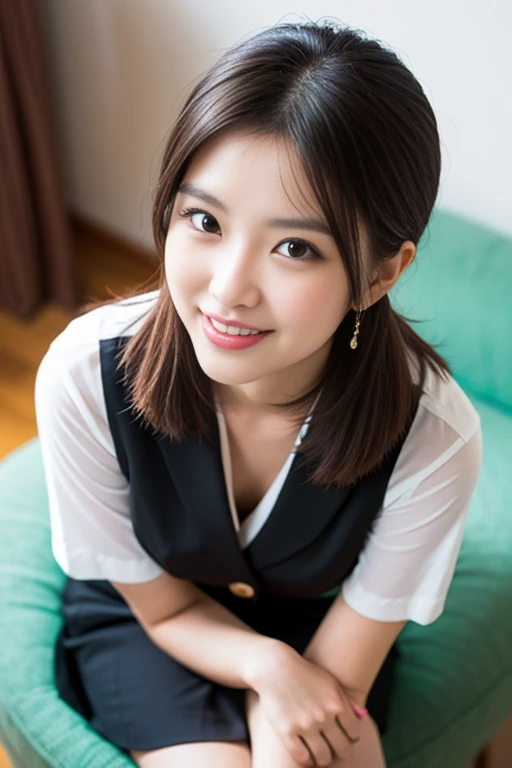 (A beautiful Japanese office lady, age 28, wearing formal White shirt with buttons & lime mini-skirt, resting at home, friendly and feminine expressions, kind smile, dimpled chins, cute snaggle-tooth, short bob hair ponytail, symmetrical face, realistic detailed face, beautiful detailed eyes, perfect body proportions, ample round bosoms, photorealistic, hyper-realism, high contrast, ultra HD, realistic skin textures, top image quality, top-quality, super high resolution, fine details, very meticulously, masterpiece, head to knees, serene ambience, High Angle Shot, bokeh background)