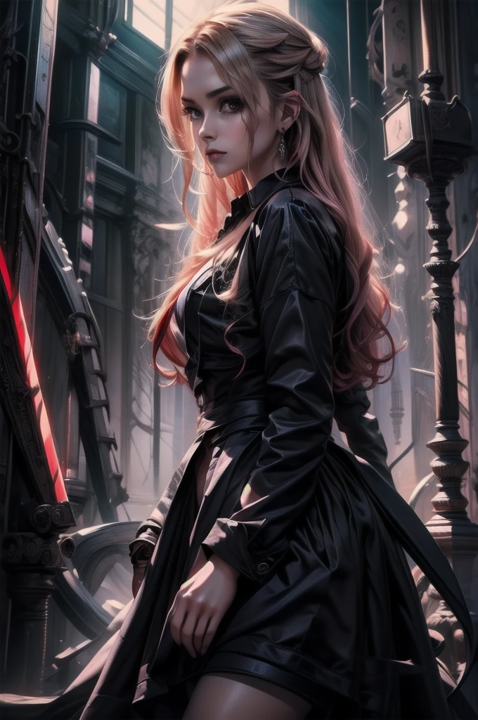 masterpiece,a Satanic woman,Wearing a suit,Stylish suit in black color,Satanic,wing, Stylish seating, Cyberpunk Grey_Neon Pink Beautiful Theme, Fascinating views,oil, Pixiv, Gibi ((Intricate details,)) Ultra HD, Sharp details