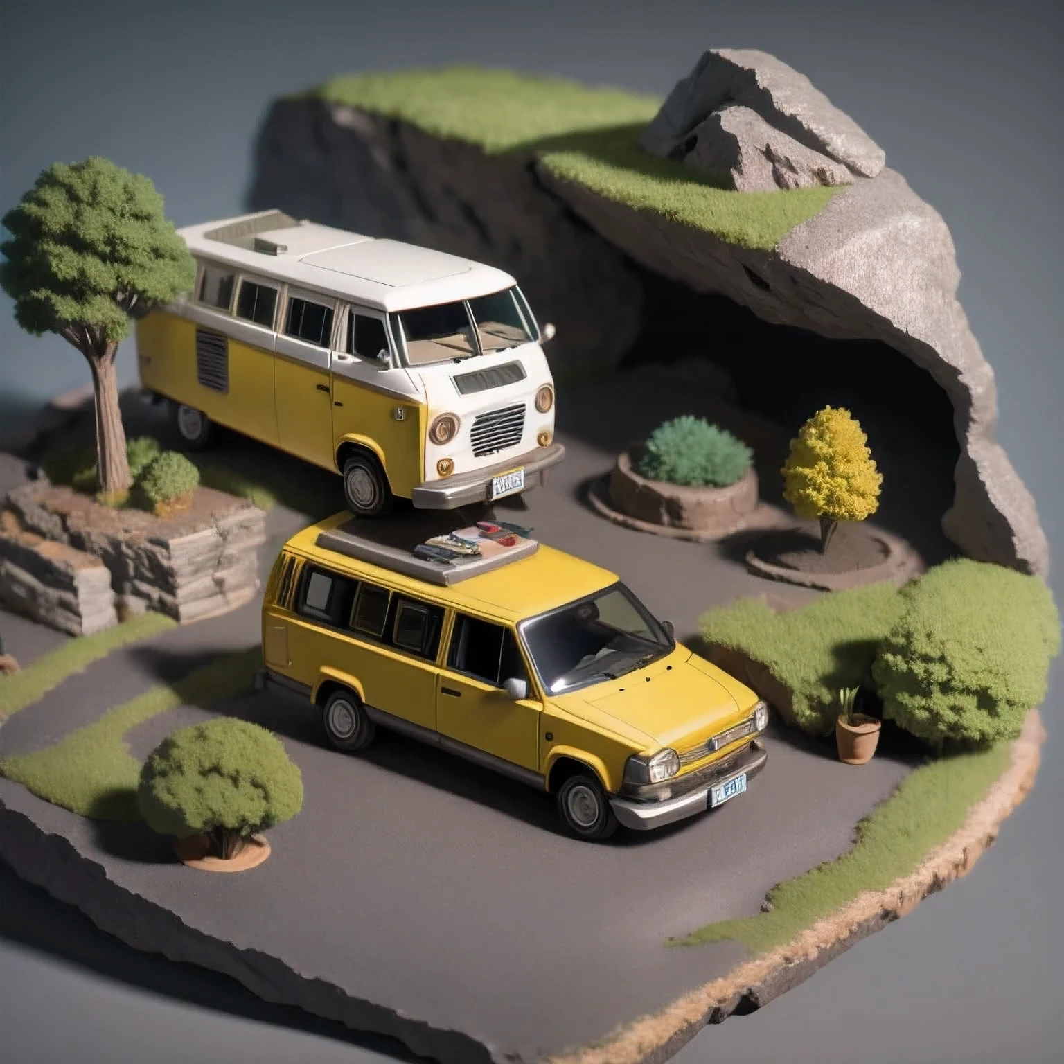 there is a small model of a camper van in a cave, stylized 3d render, 3d illustration, 3 d illustration, highly detailed diorama, 3 d low poly render, 3d low poly render, low poly 3 d, highly detailed sculpey diorama, lowpoly, low poly render, diorama model, low poly 3 d render, diorama