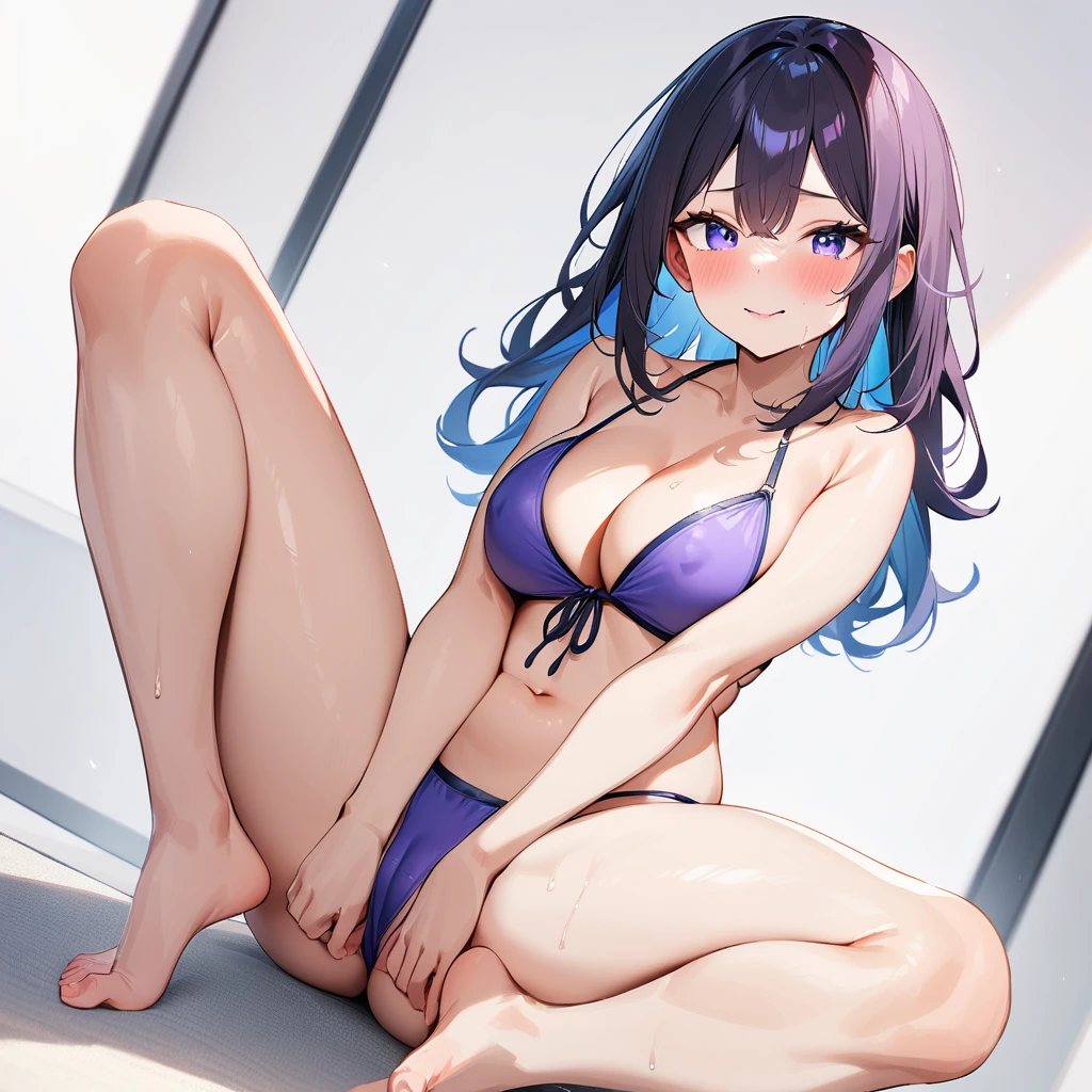 1 girl,Solo,long and shot hair,masterpiece, best quality, very aesthetic, absurdres,arms,face,hands,purple and blue,two tone color,v_arms,breasts,hand_between_legs,Bikini,Cleavage,medium hair,side-tie_bikini_bottom,feet,Cameltoe, Covered nipples