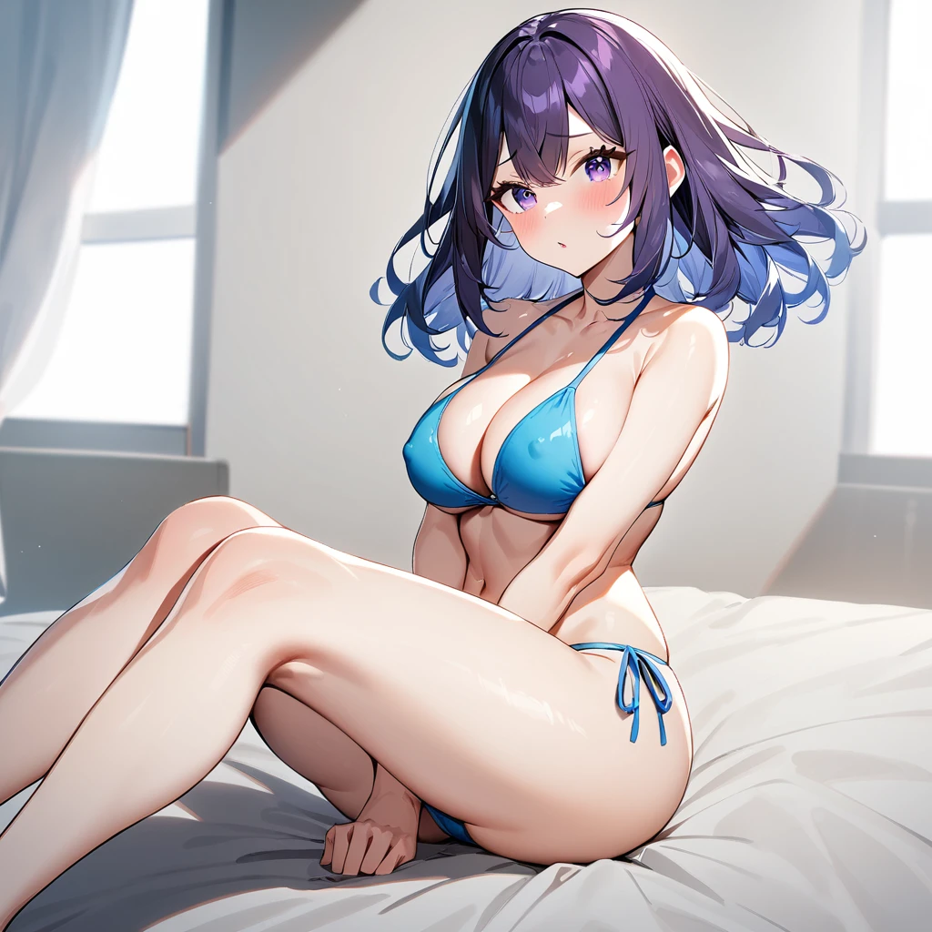 1 girl,Solo,long and shot hair,masterpiece, best quality, very aesthetic, absurdres,arms,face,hands,purple and blue,two tone color,v_arms,breasts,hand_between_legs,Bikini,Cleavage,medium hair,side-tie_bikini_bottom,feet,Cameltoe, Covered nipples