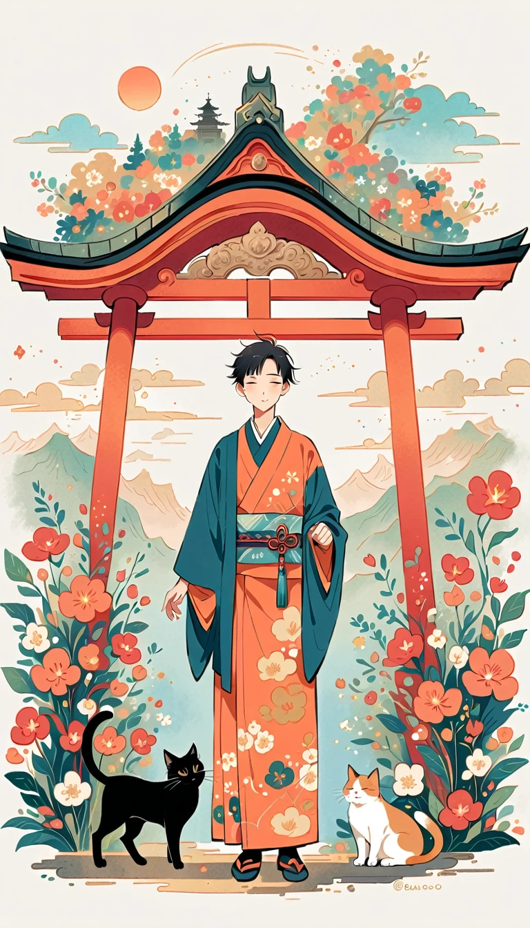 Fujichoco style, kimono, gray hair, whole body, light, temple, Torii, cat, simple background,Simple line initialism, (((the most beautiful boy))), 8K, Nizi,