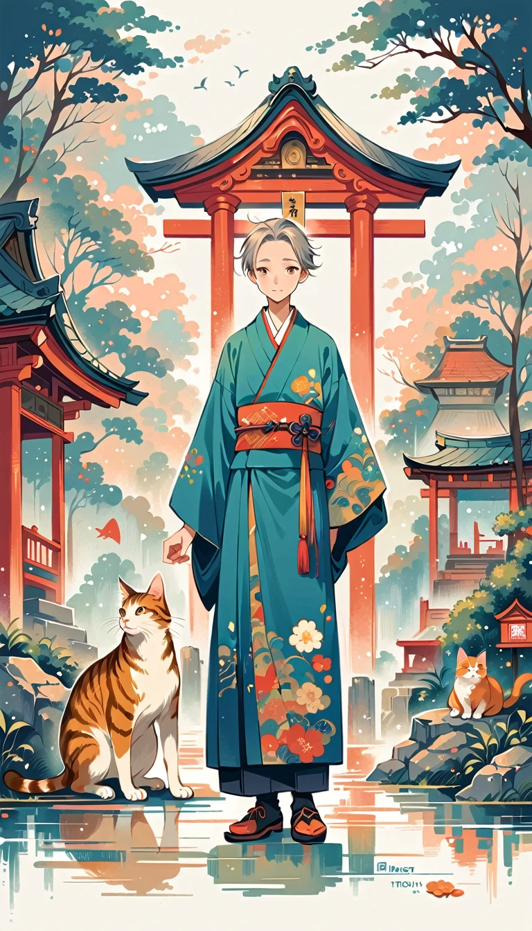 Fujichoco style, kimono, gray hair, whole body, light, temple, Torii, cat, simple background，Simple line initialism, (((the most beautiful boy))), 8K, Nizi,