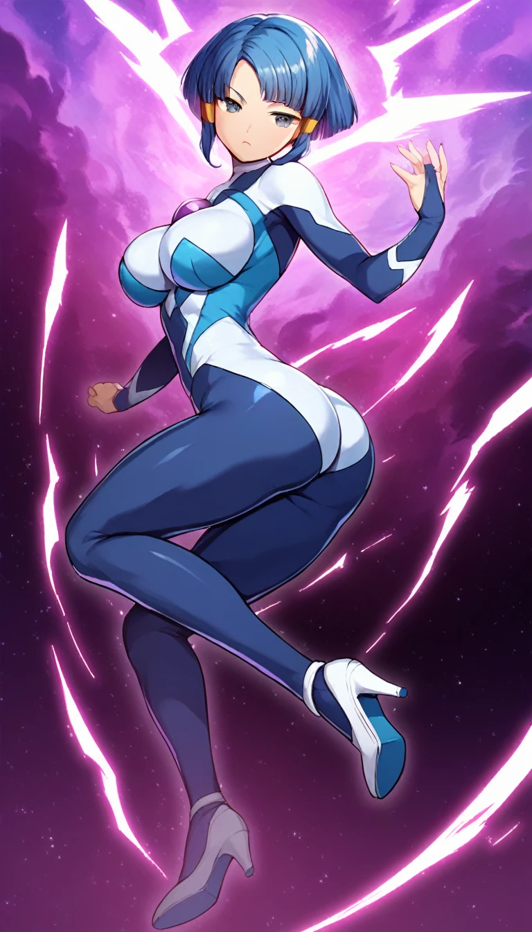 best quality,ultra detailed,solo,score_9, score_8_up, score_7_up, score_6_up, score_5_up, score_4_up, source_anime, 1girl, clara, blue hair, hair tubes, grey eyes, bodysuit,big breasts, standing sexy pose, (behind view,portrait),full body,heavenly ass, heavenly breasts, big ass, no shoes, wearing white heels, upset, face, long legs, tight bodysuit, tight sleeves, white bodysuit, half-closed eyes, backside, charging dark power, charging dark energy, dark energy, using dark power, using energy, using dark energy, charging dark energy, dark aura, backside