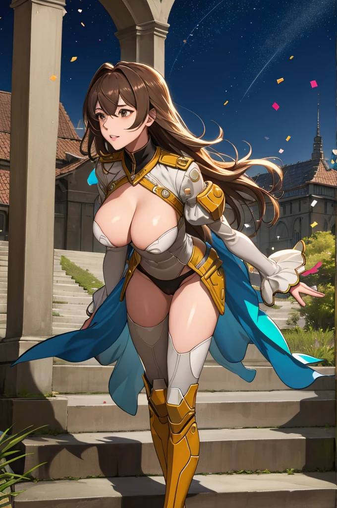 best quality, official art, masterpiece, textile shading, HDR, very detailed, colorful, best details, fantasy, suit, Yuki Mori:1.5, 1 female, 25 years old, brown hair, long hair, best quality, official art, masterpiece, textile shading, HDR, very detailed, colorful, best details, fantasy, battle suit,1 female, 25 years old, standing on stairs,A pub with a view of the old castle, Many stars々Shining night,choppy hair, big breast, skinny, {Surrounded by a large crowd:1.9}、Confetti flutters、Blessed、Being welcomed:1.5、cameltoe:1.3, ground level shot:1.9,