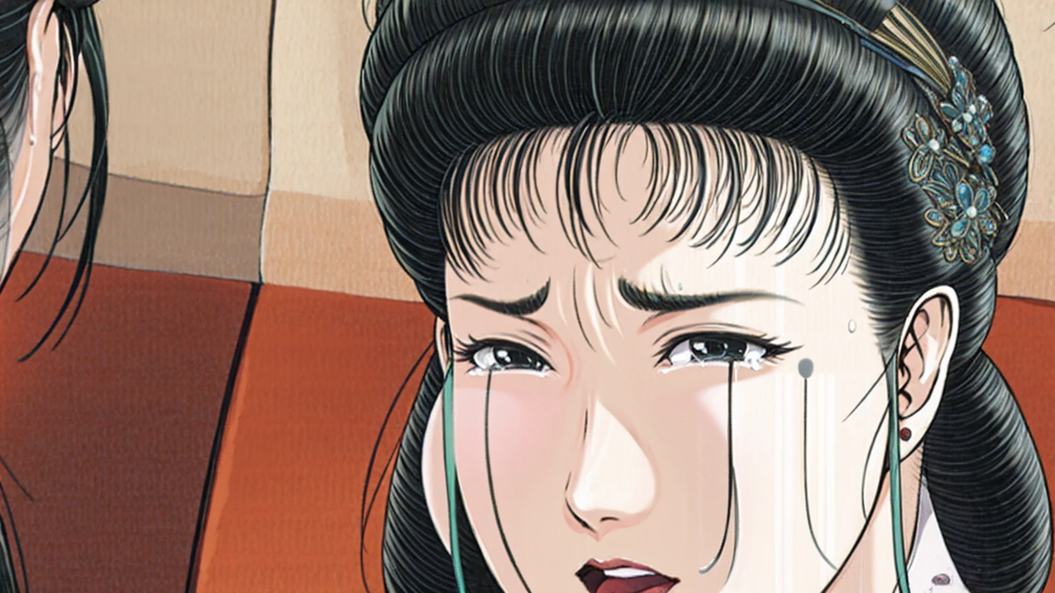 (best quality), (very aesthetic), (ultra-detailed), (best illustration),(a mature female),(perfect face),Suikoden,Mrs. Lin,(((NSFW))),((full_body)),((full_Nude)),(crying),red cheek,sweating,skinny,flushed skin,(Woman with pubic hair),(Lying face down on the bed),(Crying on the bed with her face buried in the pillow),traditional Chinese bedroom,front view