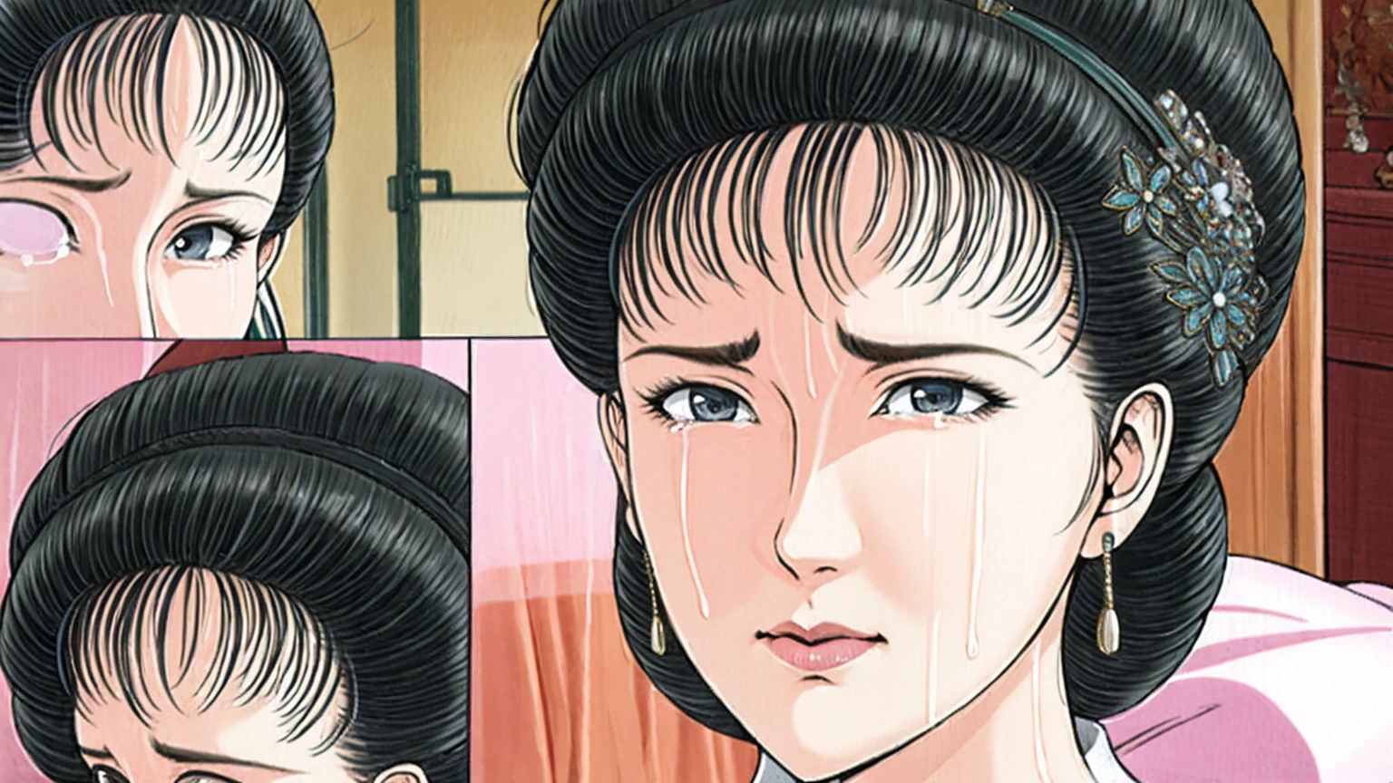 (best quality), (very aesthetic), (ultra-detailed), (best illustration),(a mature female),(perfect face),Suikoden,Mrs. Lin,(((NSFW))),((full_body)),((full_Nude)),(crying),red cheek,sweating,skinny,flushed skin,(Woman with pubic hair),(Lying face down on the bed),(Crying on the bed with her face buried in the pillow),traditional Chinese bedroom,front view