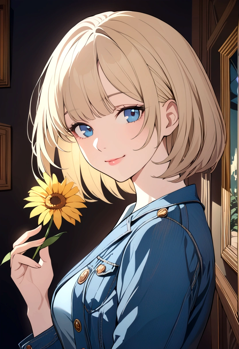 slender, mature female, solo, blonde_hair, closed_mouth, holding, 1girl, blue_eyes, blue_shirt, bangs, lips, short_hair, long_sleeves, shirt, flower, looking_at_viewer, uniform, looking_away, smile, light_smile, denim_jacket, buttons, from_side, fine_art_parody,